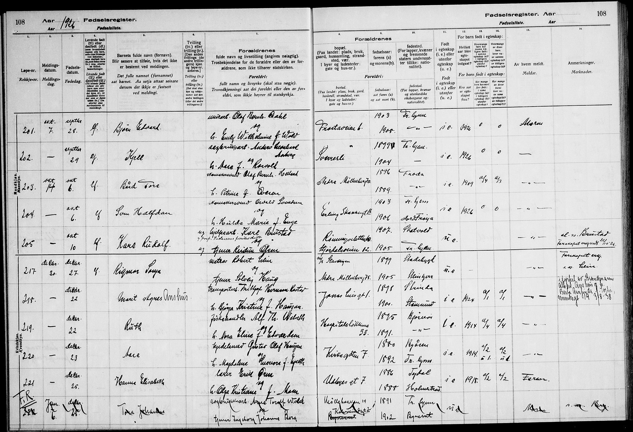 Ministerialprotokoller, klokkerbøker og fødselsregistre - Sør-Trøndelag, SAT/A-1456/600/L0004: Birth register no. 600.II.4.3, 1924-1928, p. 108