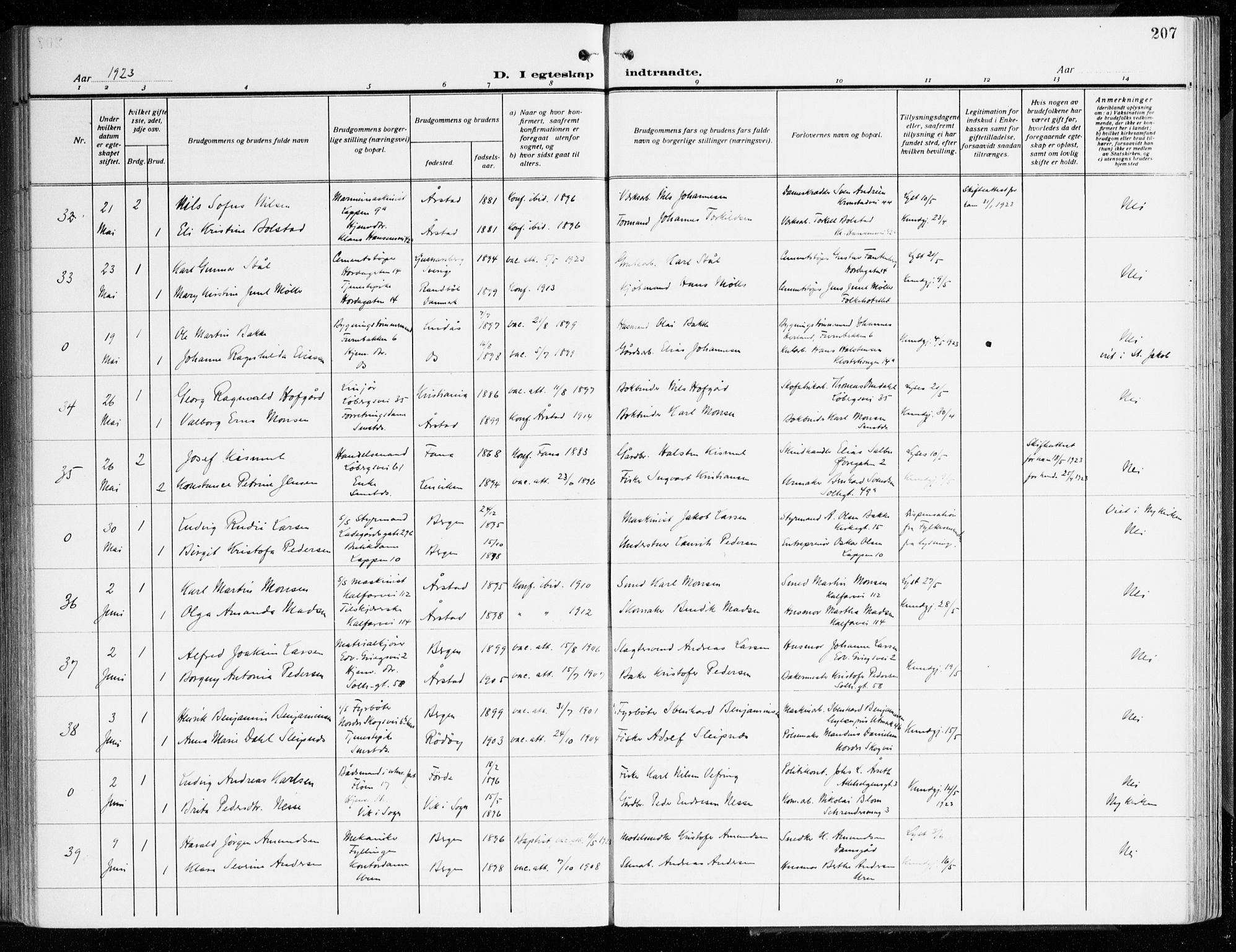 Årstad Sokneprestembete, AV/SAB-A-79301/H/Haa/L0004: Parish register (official) no. A 4, 1919-1928, p. 207