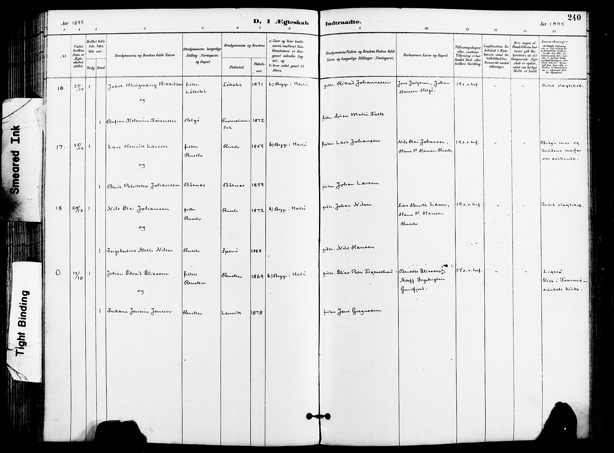 Karlsøy sokneprestembete, AV/SATØ-S-1299/H/Ha/Haa/L0007kirke: Parish register (official) no. 7, 1891-1902, p. 240