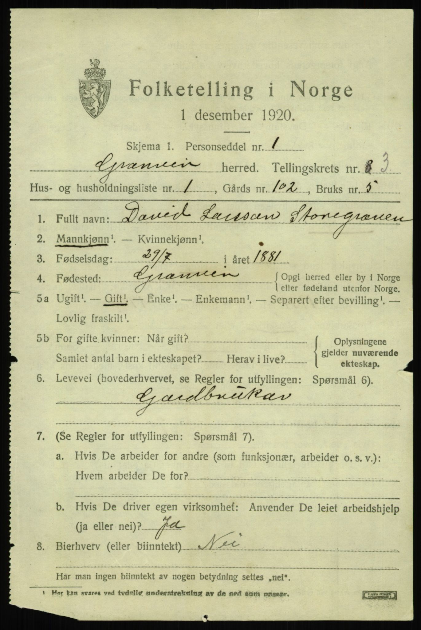 SAB, 1920 census for Granvin, 1920, p. 1176