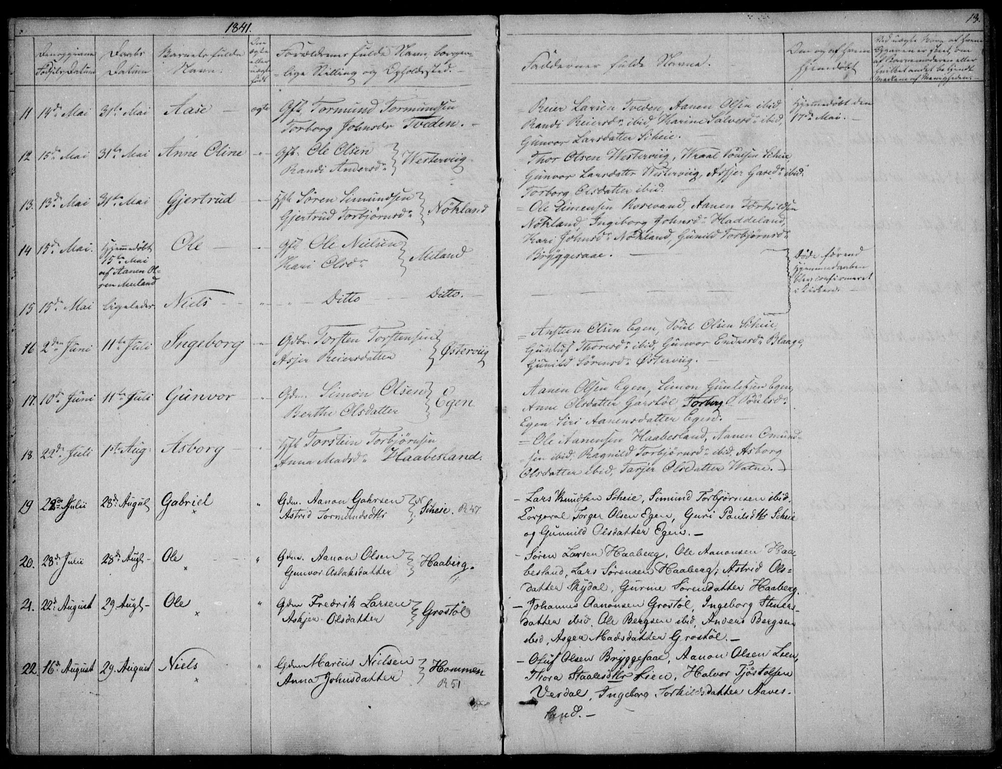 Hægebostad sokneprestkontor, AV/SAK-1111-0024/F/Fa/Fab/L0002: Parish register (official) no. A 2, 1836-1872, p. 13