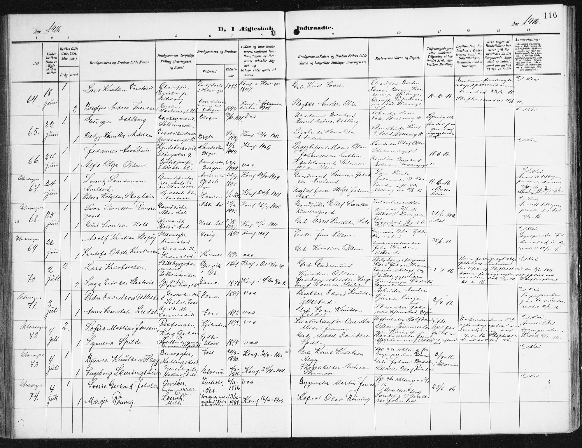 Domkirken sokneprestembete, AV/SAB-A-74801/H/Haa/L0038: Parish register (official) no. D 5, 1906-1921, p. 116