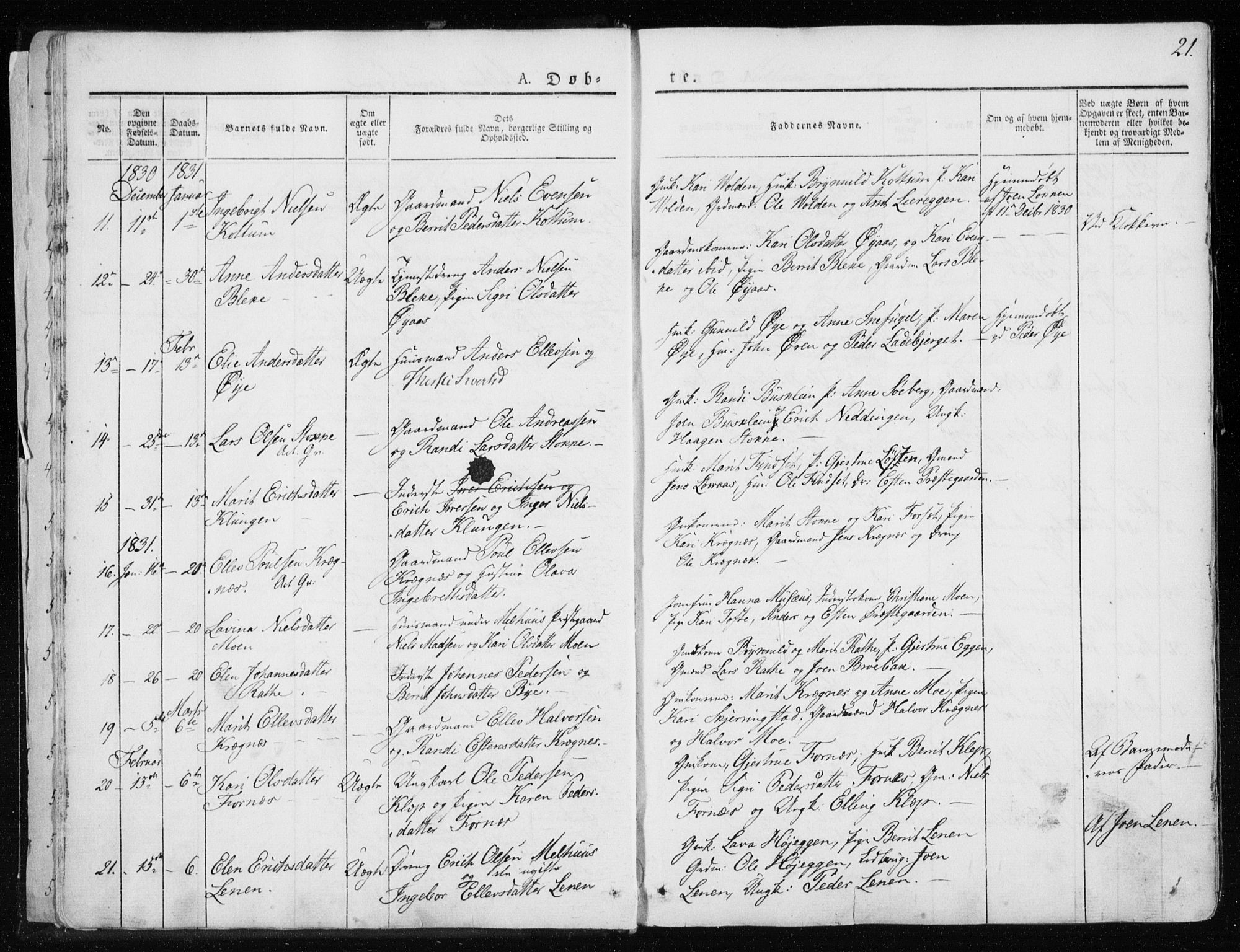 Ministerialprotokoller, klokkerbøker og fødselsregistre - Sør-Trøndelag, AV/SAT-A-1456/691/L1069: Parish register (official) no. 691A04, 1826-1841, p. 21