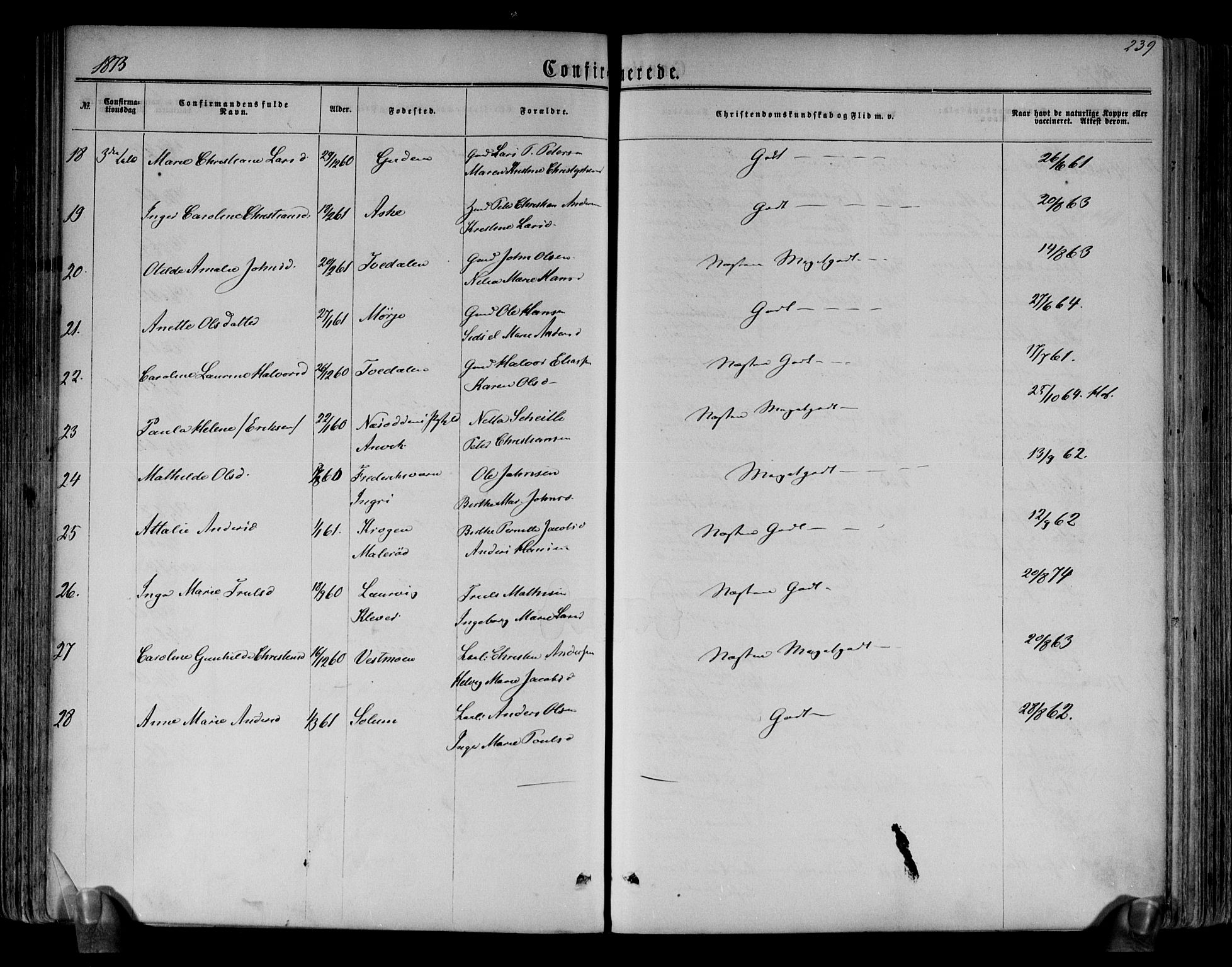 Brunlanes kirkebøker, AV/SAKO-A-342/F/Fa/L0005: Parish register (official) no. I 5, 1862-1877, p. 239