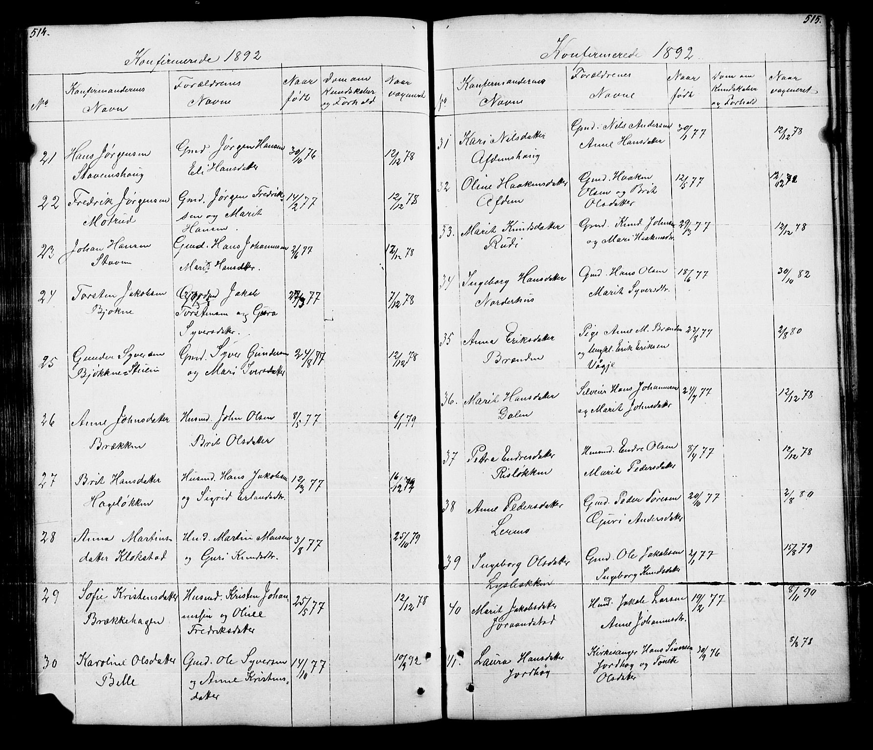 Lesja prestekontor, SAH/PREST-068/H/Ha/Hab/L0005: Parish register (copy) no. 5, 1850-1894, p. 514-515