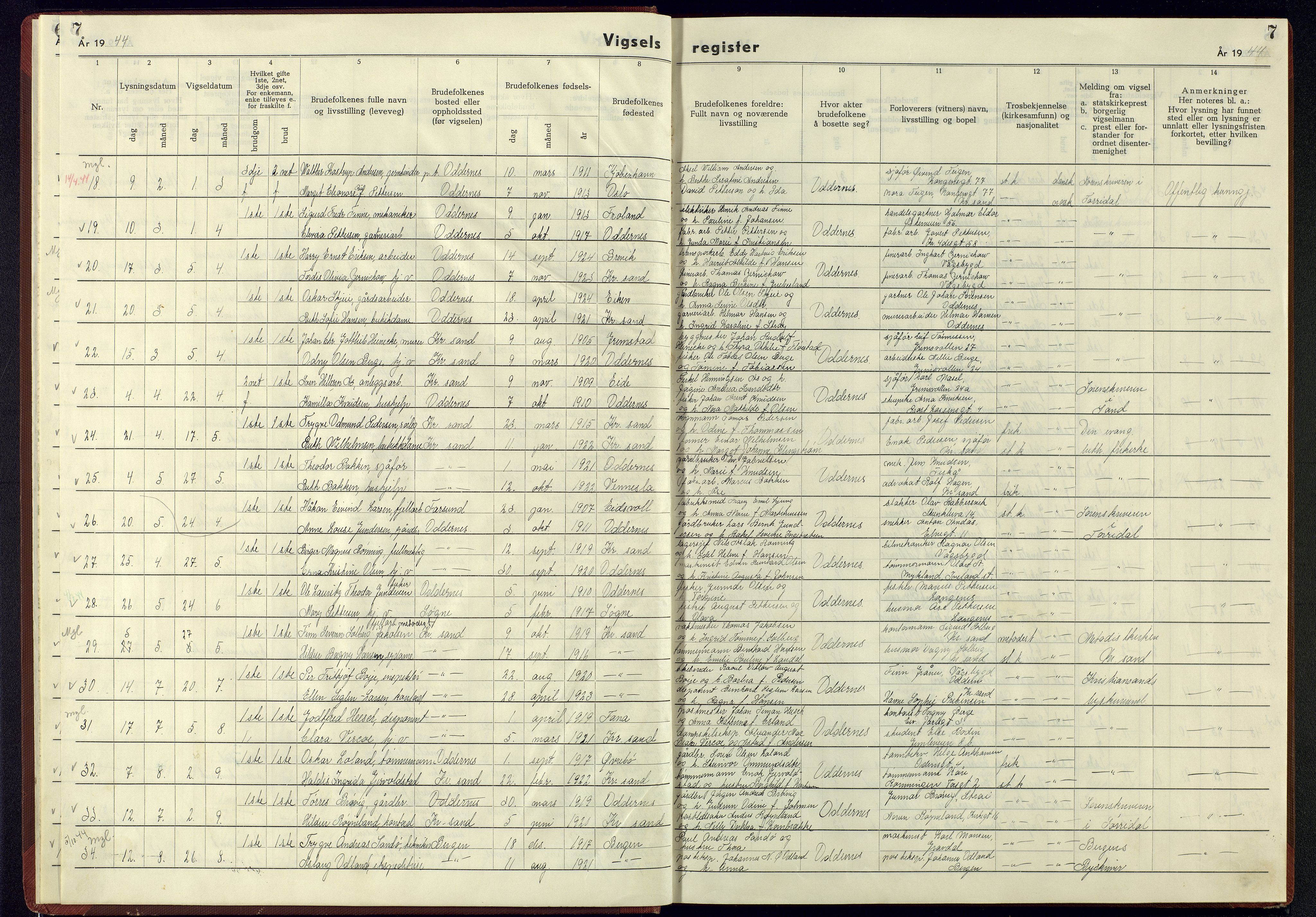 Oddernes sokneprestkontor, SAK/1111-0033/J/Jb/L0005: Marriage register no. 5, 1942-1945, p. 7