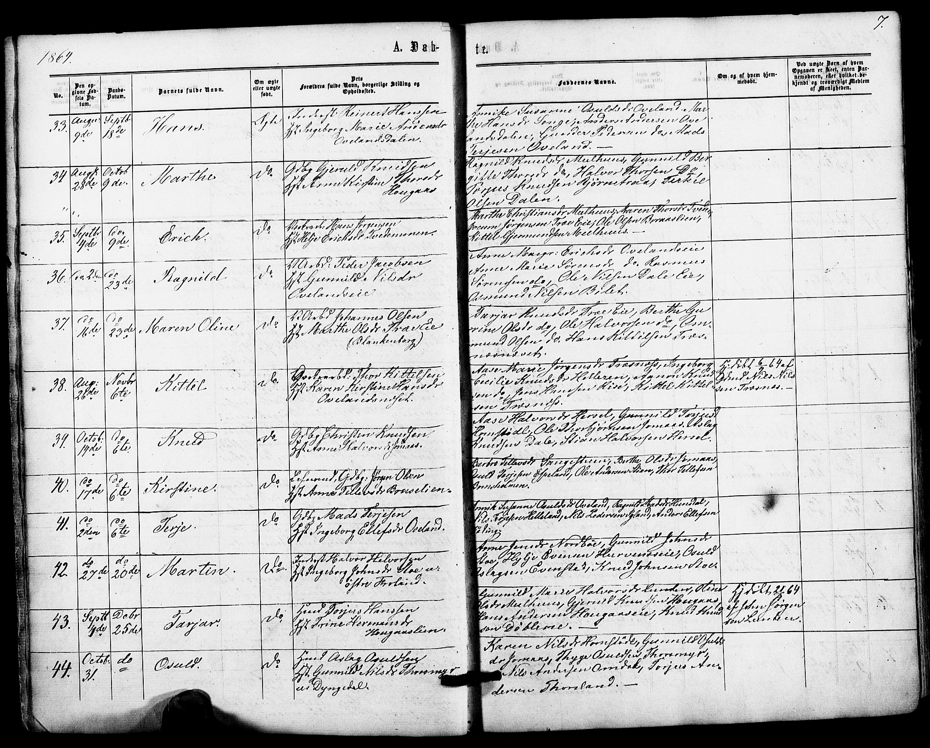 Froland sokneprestkontor, SAK/1111-0013/F/Fa/L0003: Parish register (official) no. A 3, 1864-1881, p. 7