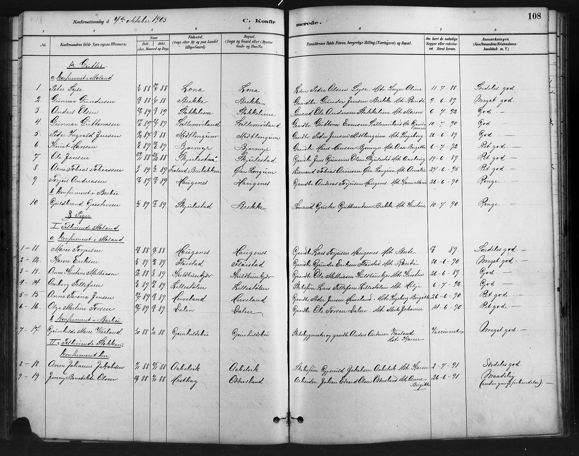 Austre Moland sokneprestkontor, SAK/1111-0001/F/Fb/Fba/L0003: Parish register (copy) no. B 3, 1879-1914, p. 108
