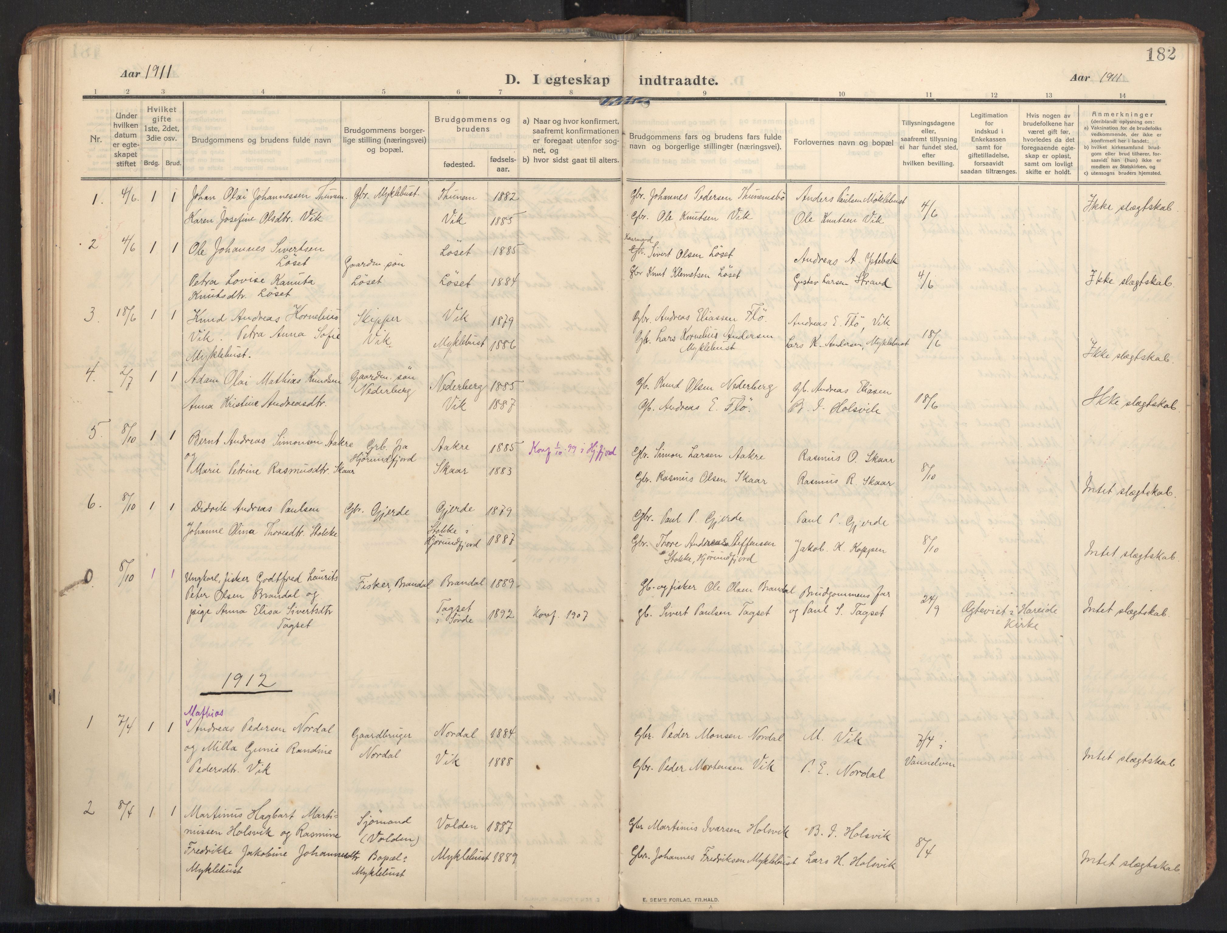 Ministerialprotokoller, klokkerbøker og fødselsregistre - Møre og Romsdal, SAT/A-1454/502/L0026: Parish register (official) no. 502A04, 1909-1933, p. 182