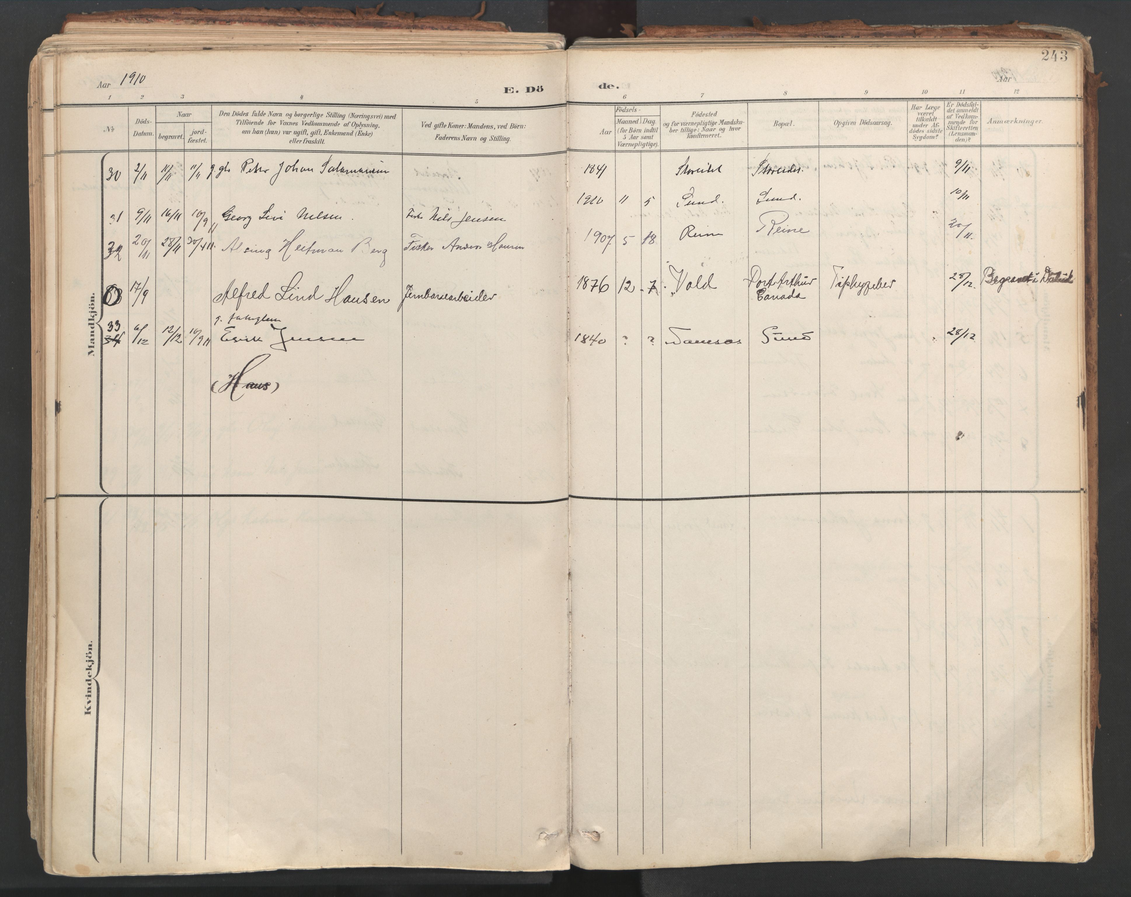 Ministerialprotokoller, klokkerbøker og fødselsregistre - Nordland, AV/SAT-A-1459/881/L1154: Parish register (official) no. 881A07, 1907-1918, p. 243