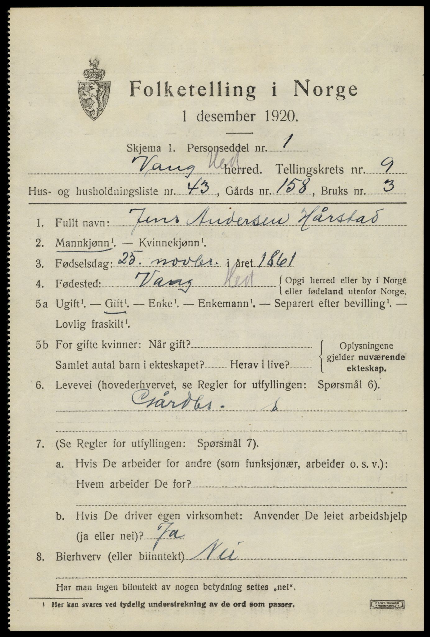 SAH, 1920 census for Vang (Hedmark), 1920, p. 18603