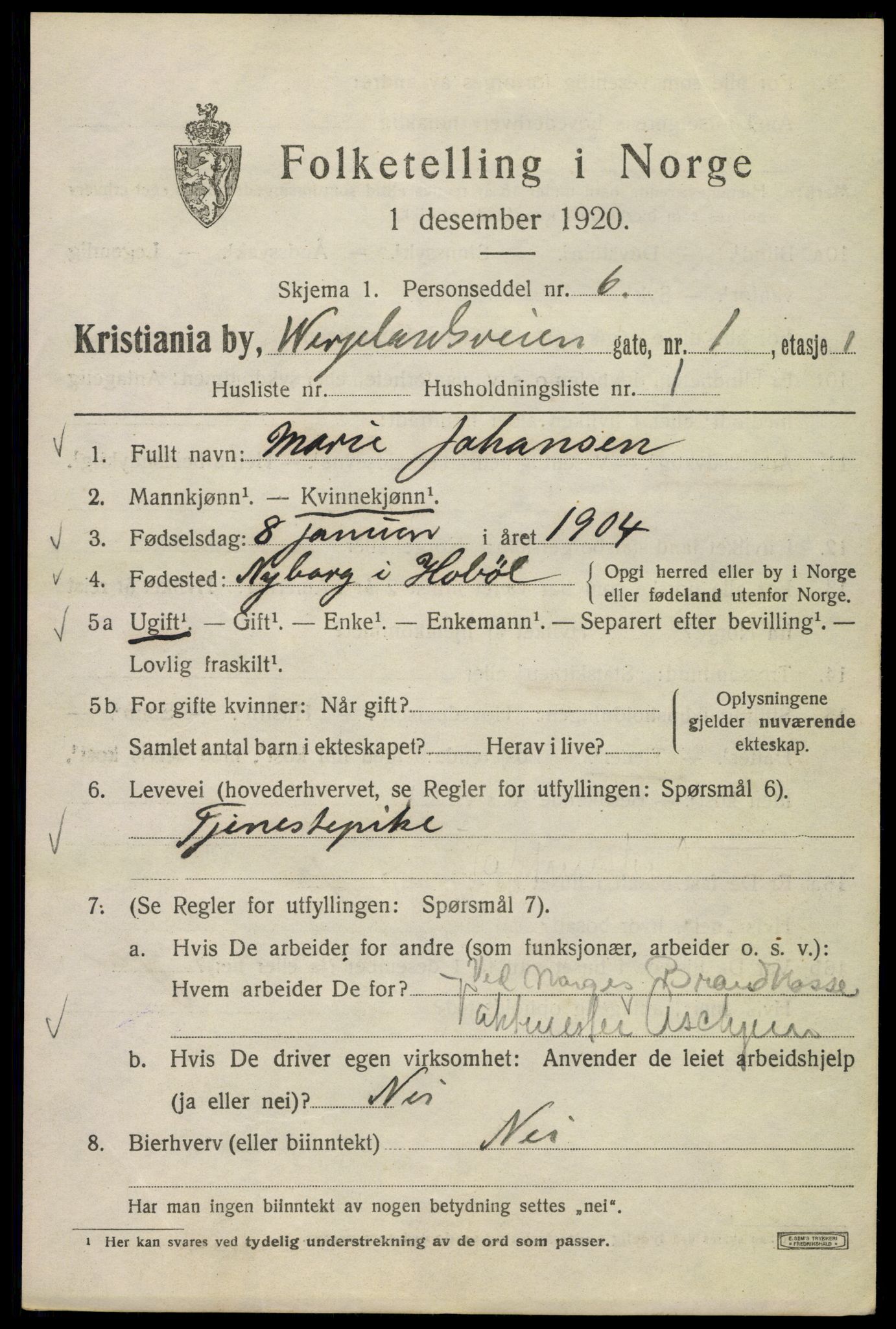 SAO, 1920 census for Kristiania, 1920, p. 650825