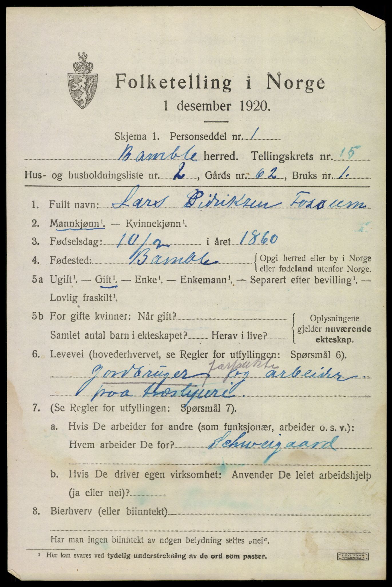 SAKO, 1920 census for Bamble, 1920, p. 10849