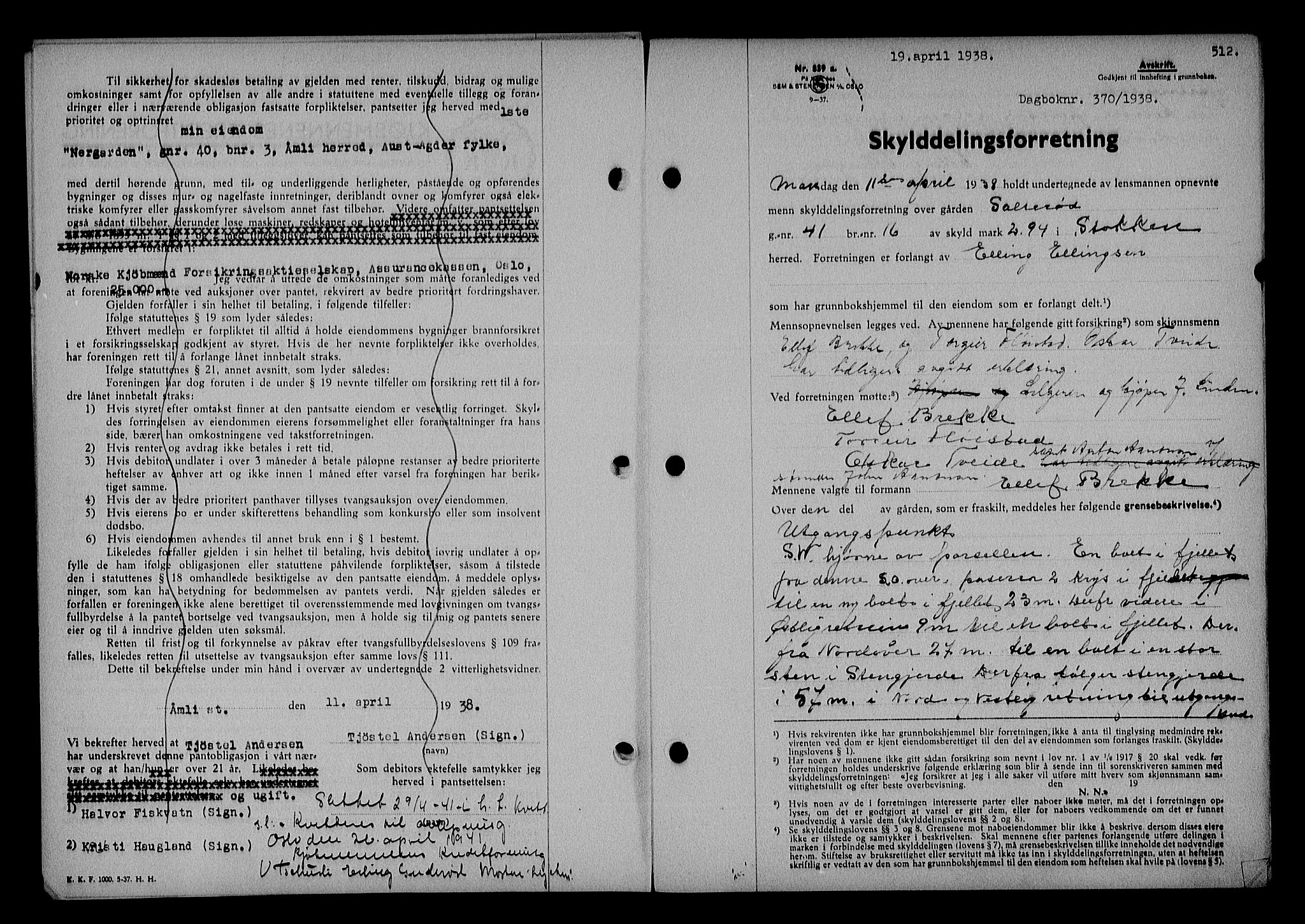 Nedenes sorenskriveri, SAK/1221-0006/G/Gb/Gba/L0044: Mortgage book no. 40, 1937-1938, Diary no: : 370/1938