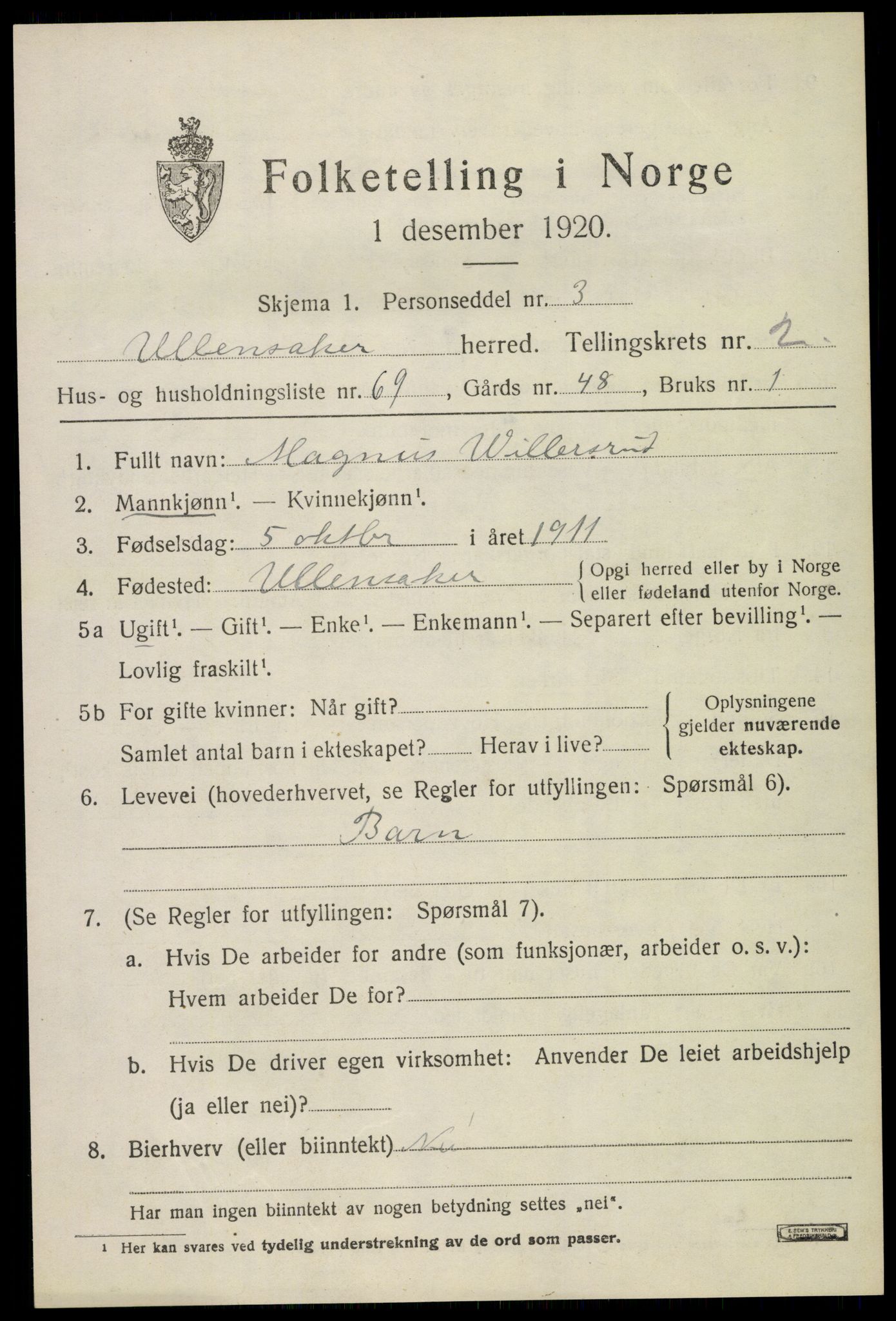 SAO, 1920 census for Ullensaker, 1920, p. 5495