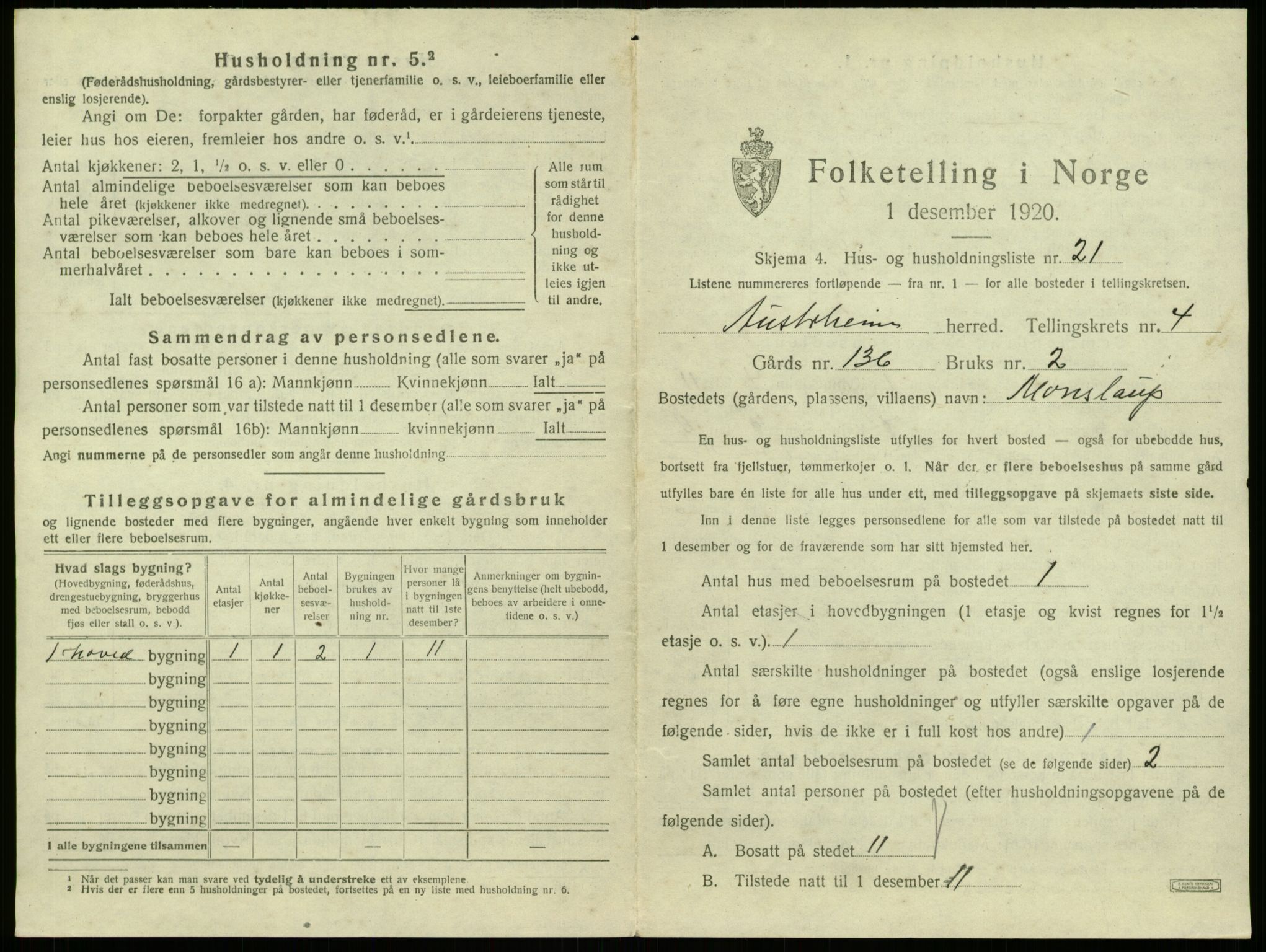 SAB, 1920 census for Austrheim, 1920, p. 234