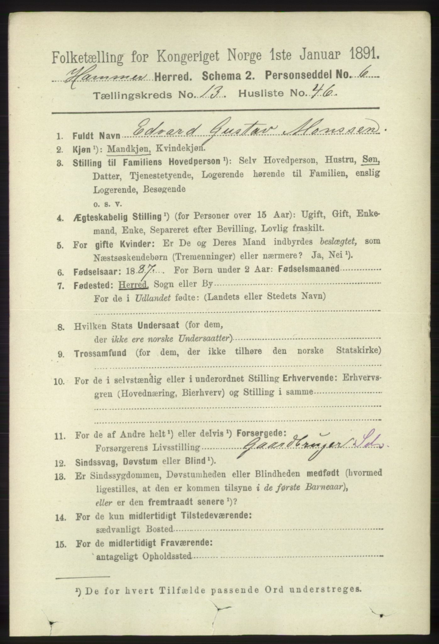 RA, 1891 census for 1254 Hamre, 1891, p. 4345