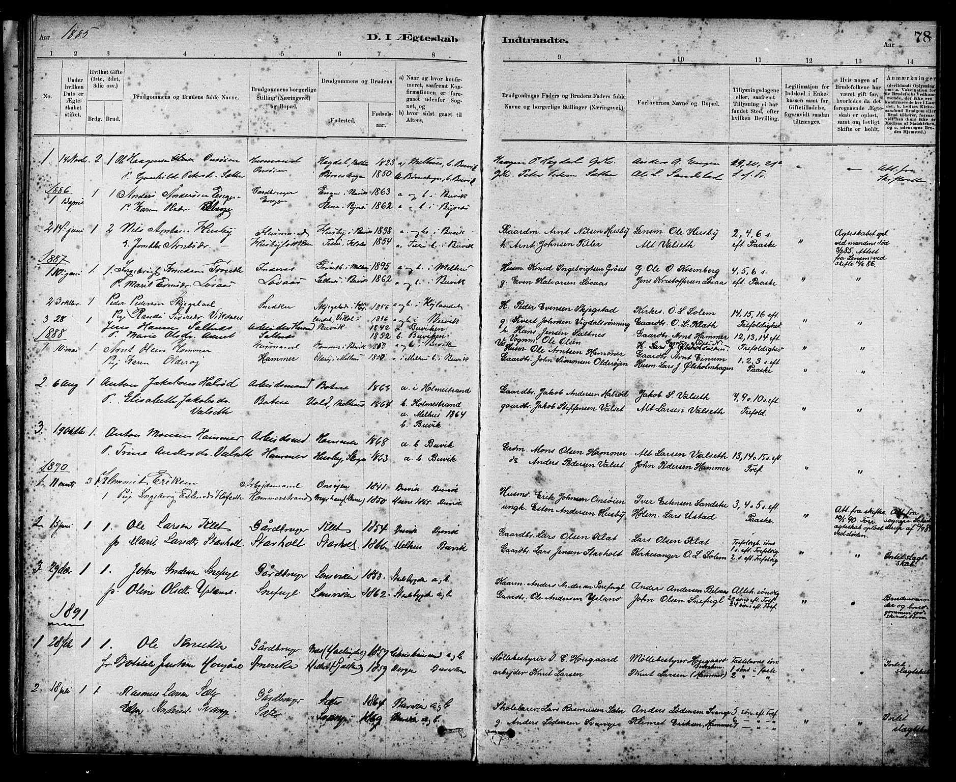 Ministerialprotokoller, klokkerbøker og fødselsregistre - Sør-Trøndelag, SAT/A-1456/666/L0790: Parish register (copy) no. 666C03, 1885-1908, p. 78
