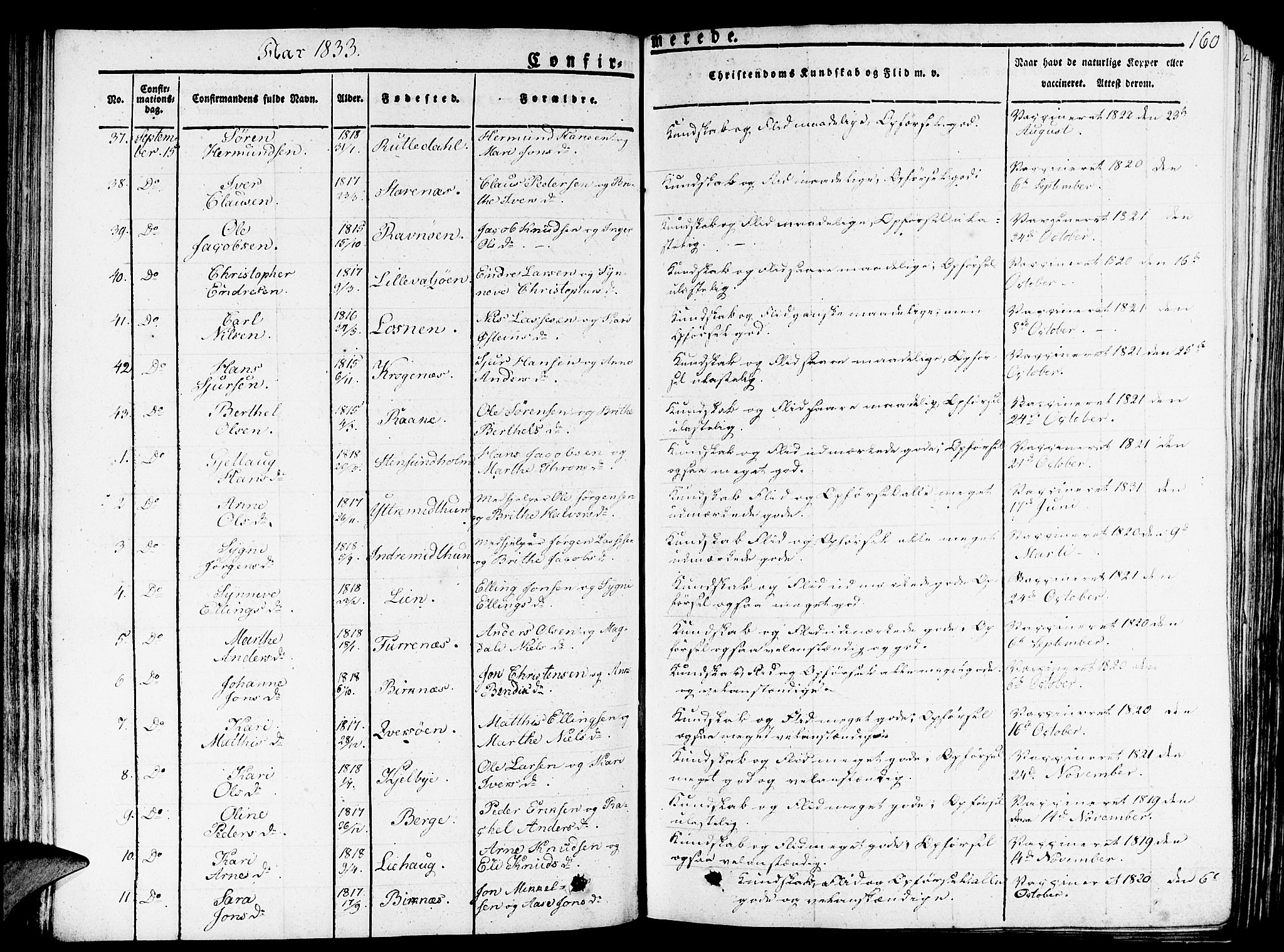 Gulen sokneprestembete, SAB/A-80201/H/Haa/Haaa/L0019: Parish register (official) no. A 19, 1826-1836, p. 160