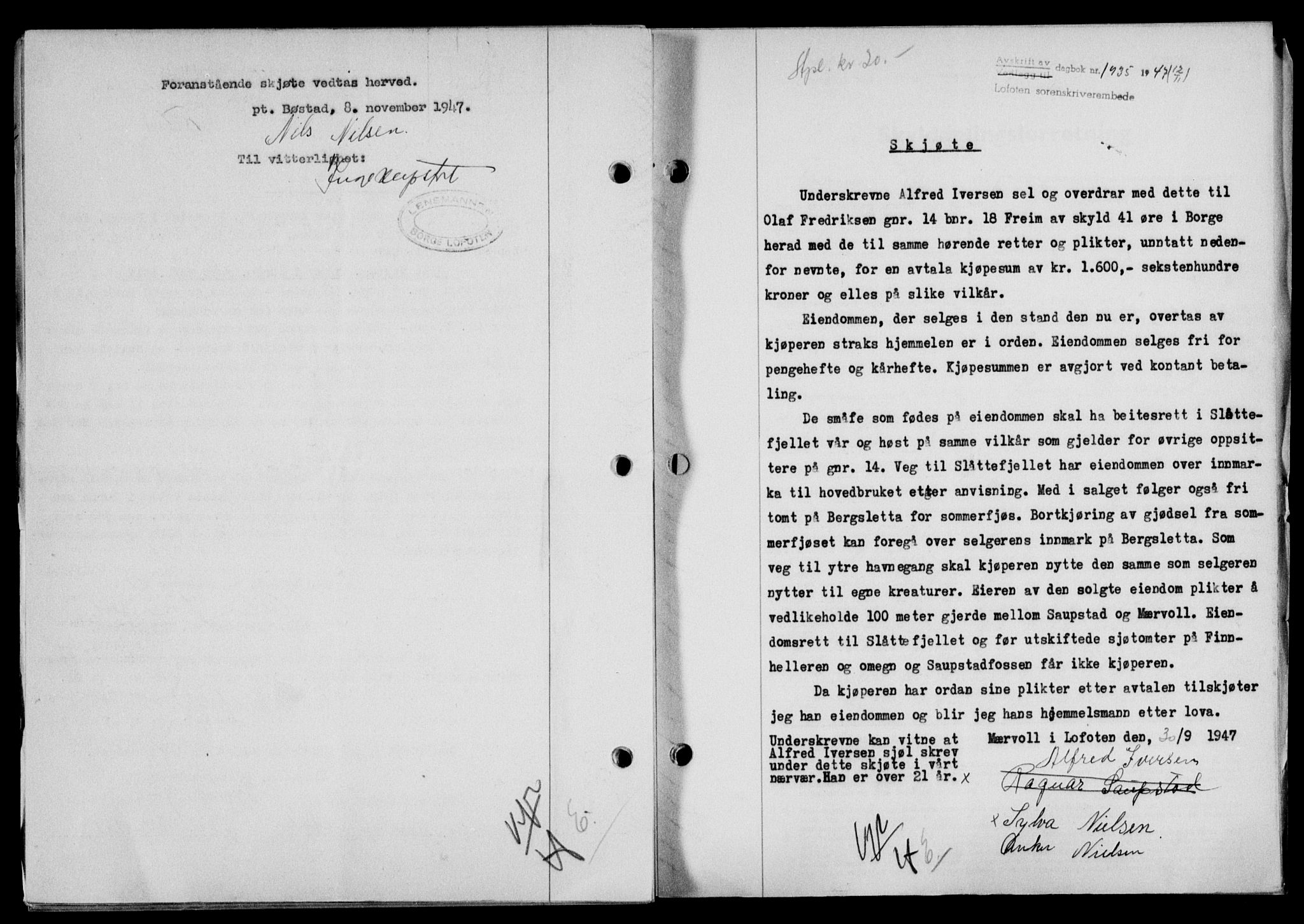 Lofoten sorenskriveri, SAT/A-0017/1/2/2C/L0017a: Mortgage book no. 17a, 1947-1948, Diary no: : 1935/1947
