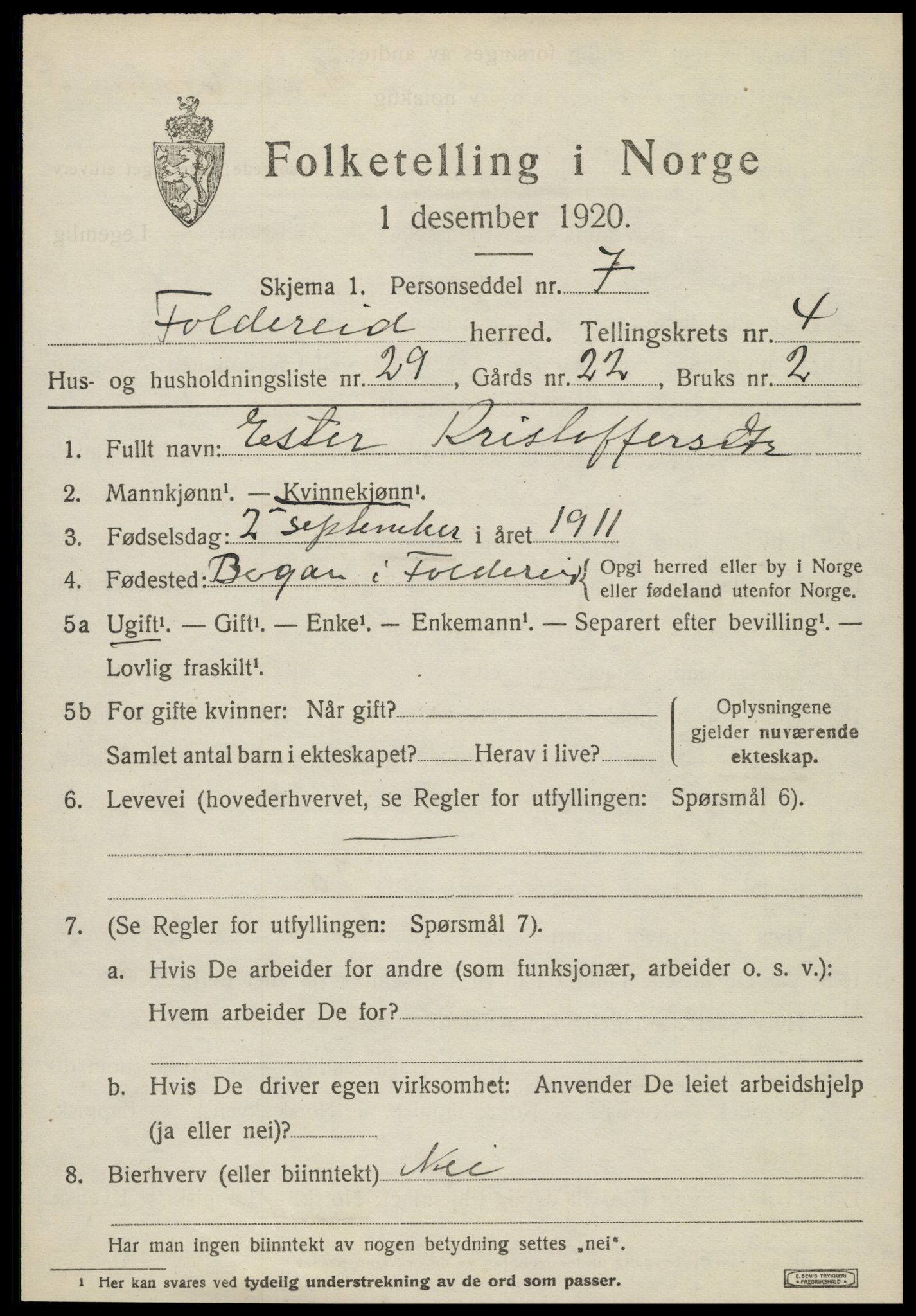 SAT, 1920 census for Foldereid, 1920, p. 1978