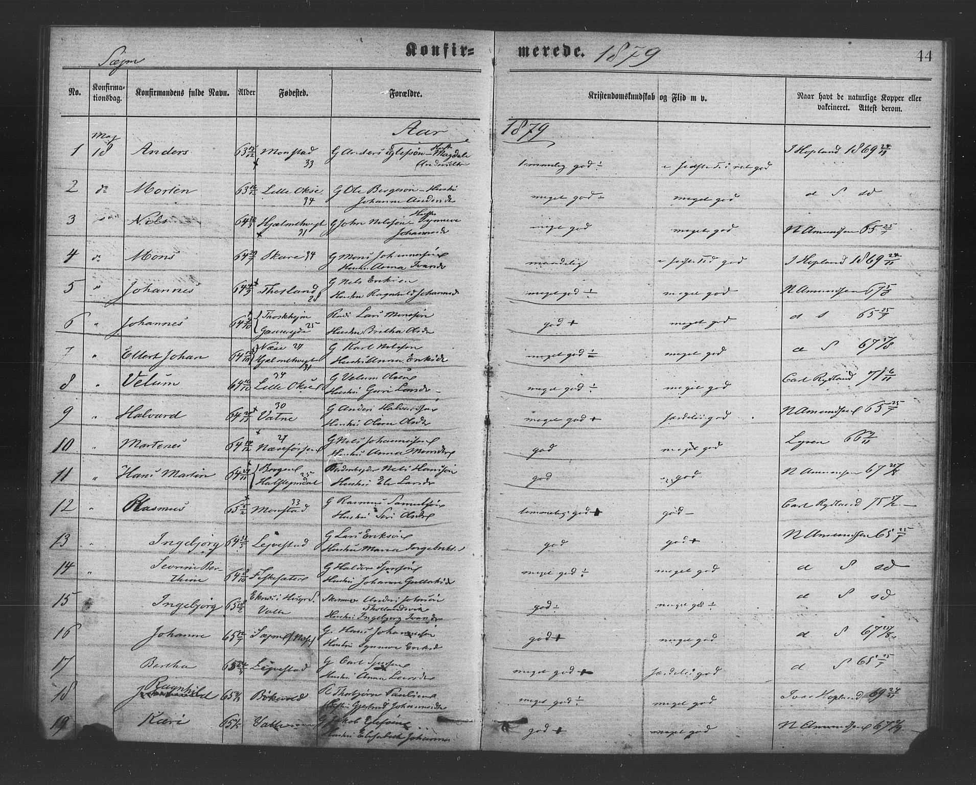 Hosanger sokneprestembete, AV/SAB-A-75801/H/Haa: Parish register (official) no. A 10, 1877-1879, p. 44