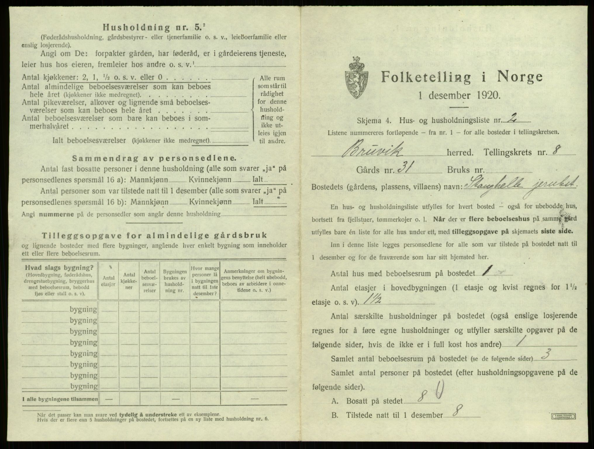 SAB, 1920 census for Bruvik, 1920, p. 546