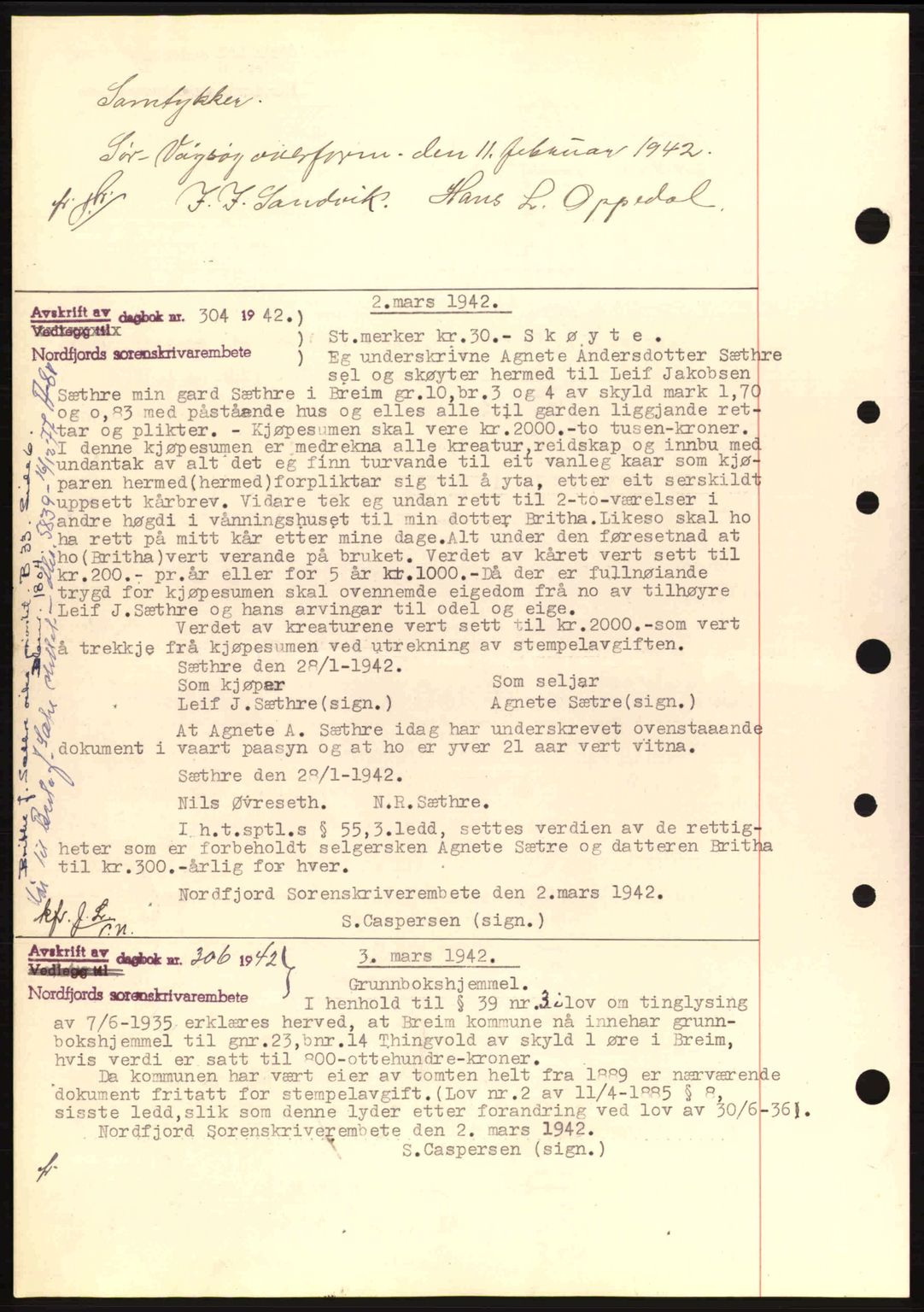 Nordfjord sorenskriveri, SAB/A-2801/02/02b/02bj/L0007: Mortgage book no. A7, 1941-1943, Diary no: : 303/1942