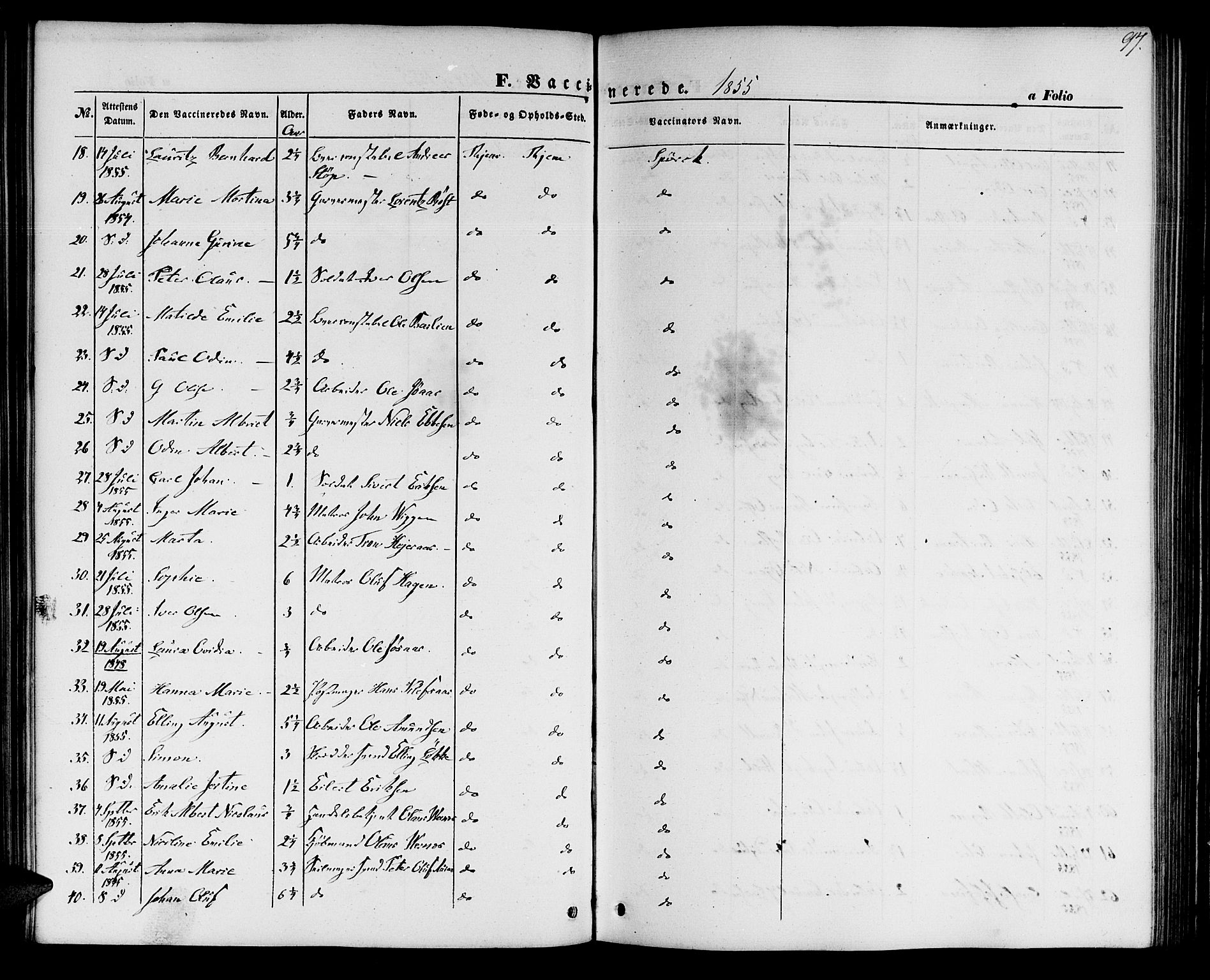 Ministerialprotokoller, klokkerbøker og fødselsregistre - Sør-Trøndelag, SAT/A-1456/602/L0113: Parish register (official) no. 602A11, 1849-1861, p. 97