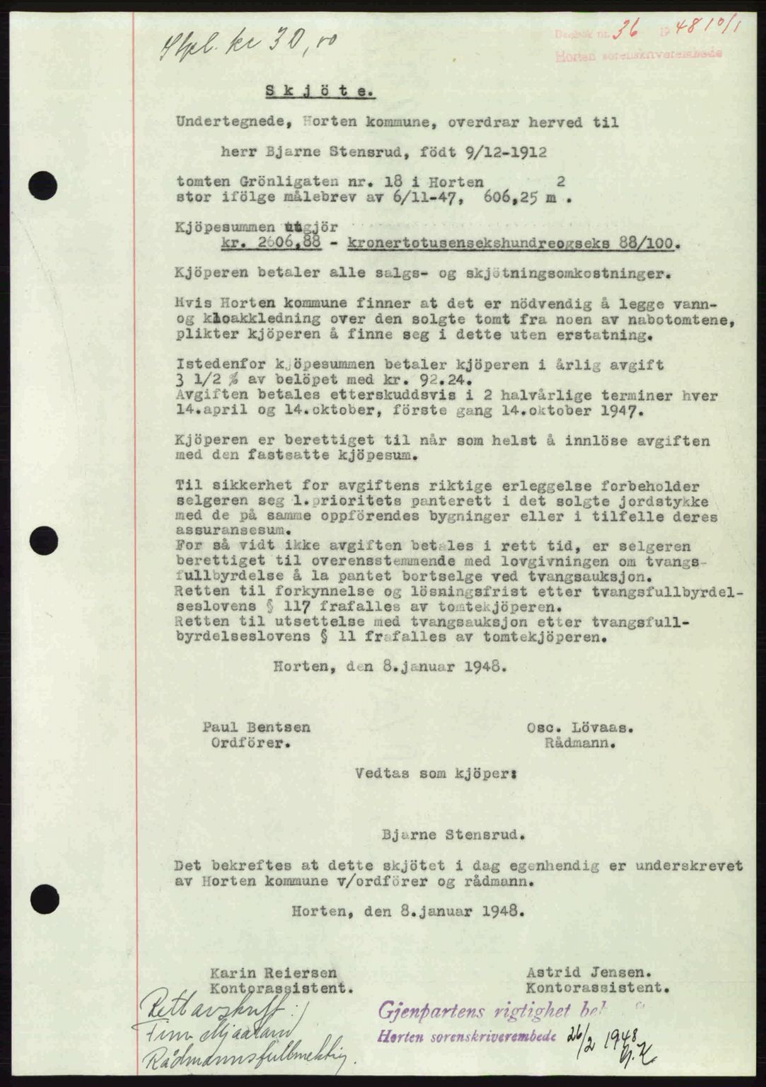 Horten sorenskriveri, AV/SAKO-A-133/G/Ga/Gaa/L0010: Mortgage book no. A-10, 1947-1948, Diary no: : 36/1948