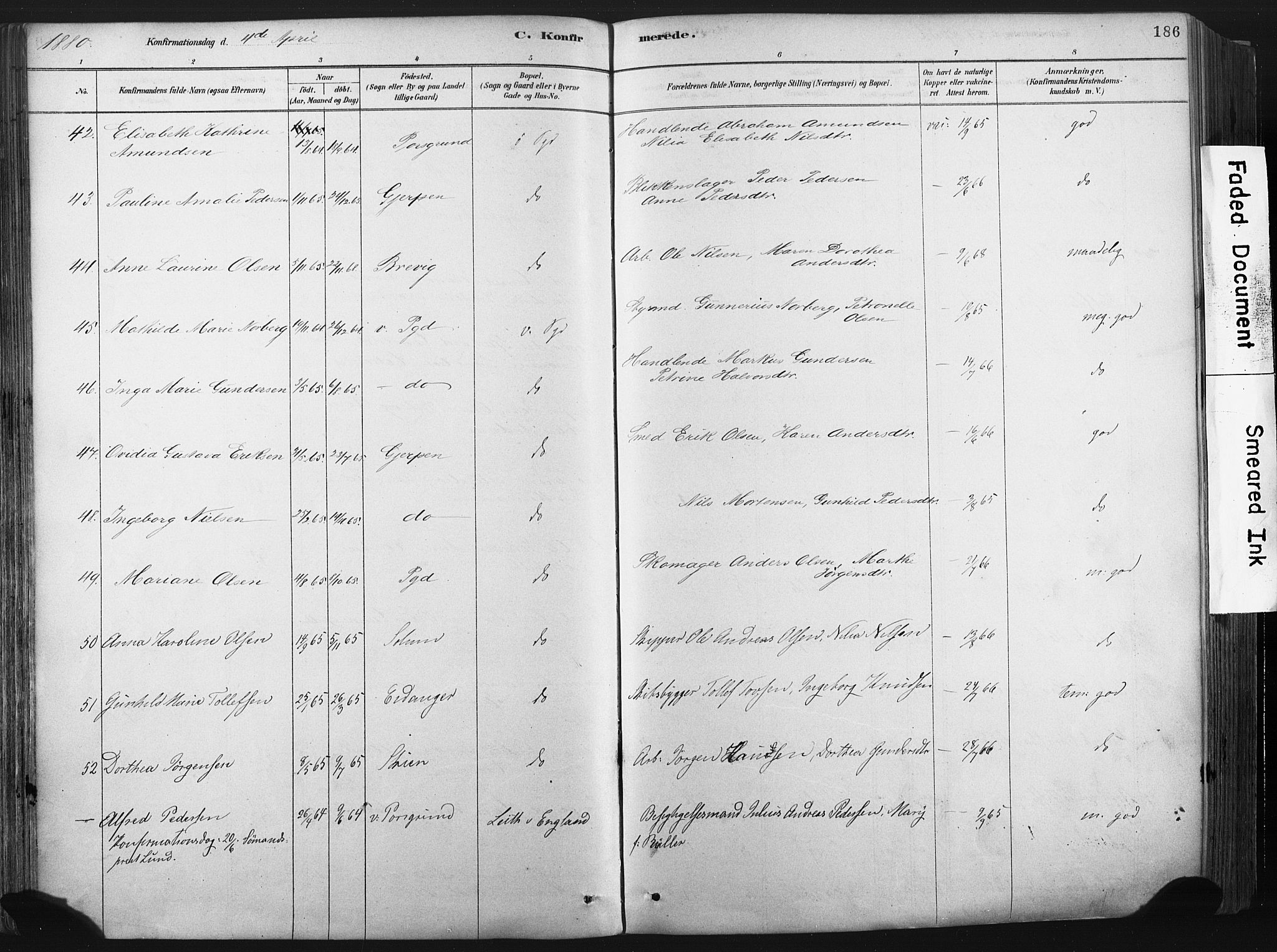 Porsgrunn kirkebøker , SAKO/A-104/F/Fa/L0008: Parish register (official) no. 8, 1878-1895, p. 186
