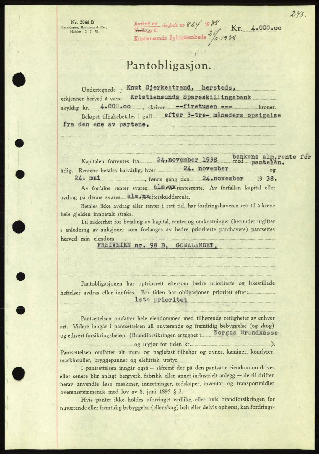 Kristiansund byfogd, SAT/A-4587/A/27: Mortgage book no. 31, 1938-1939, Diary no: : 864/1938