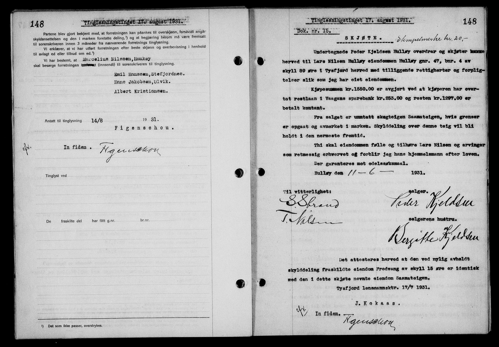 Steigen og Ofoten sorenskriveri, SAT/A-0030/1/2/2C/L0019: Mortgage book no. 22, 1931-1931, Deed date: 17.08.1931