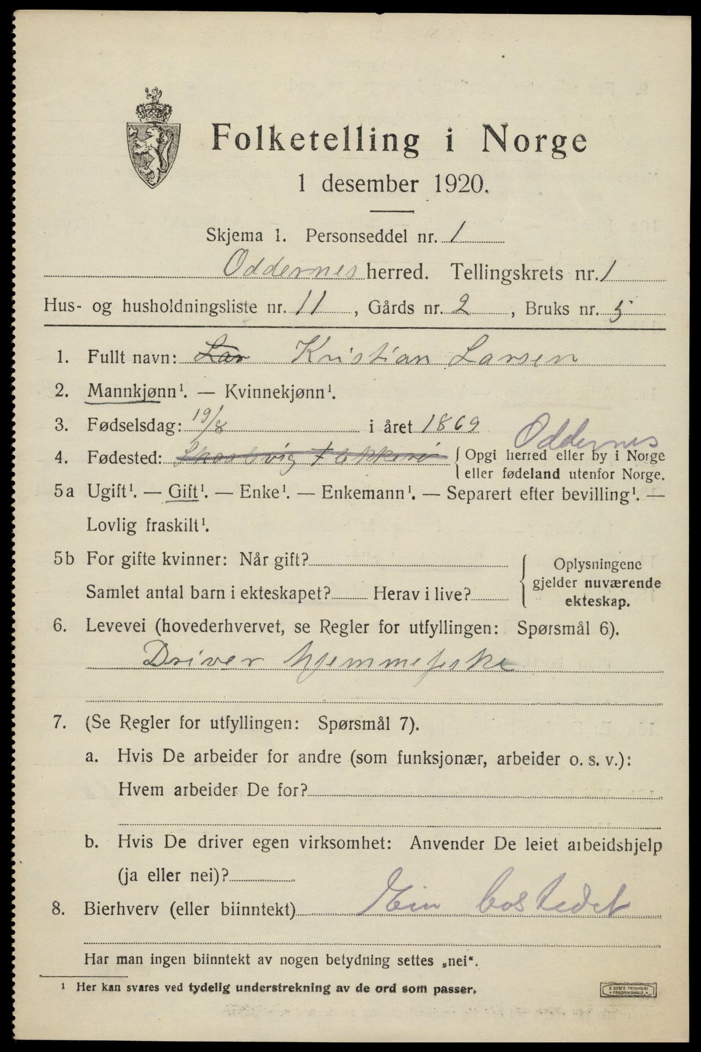 SAK, 1920 census for Oddernes, 1920, p. 2139