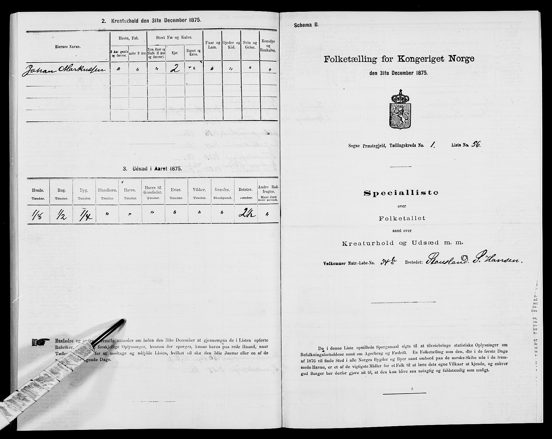 SAK, 1875 census for 1018P Søgne, 1875, p. 192