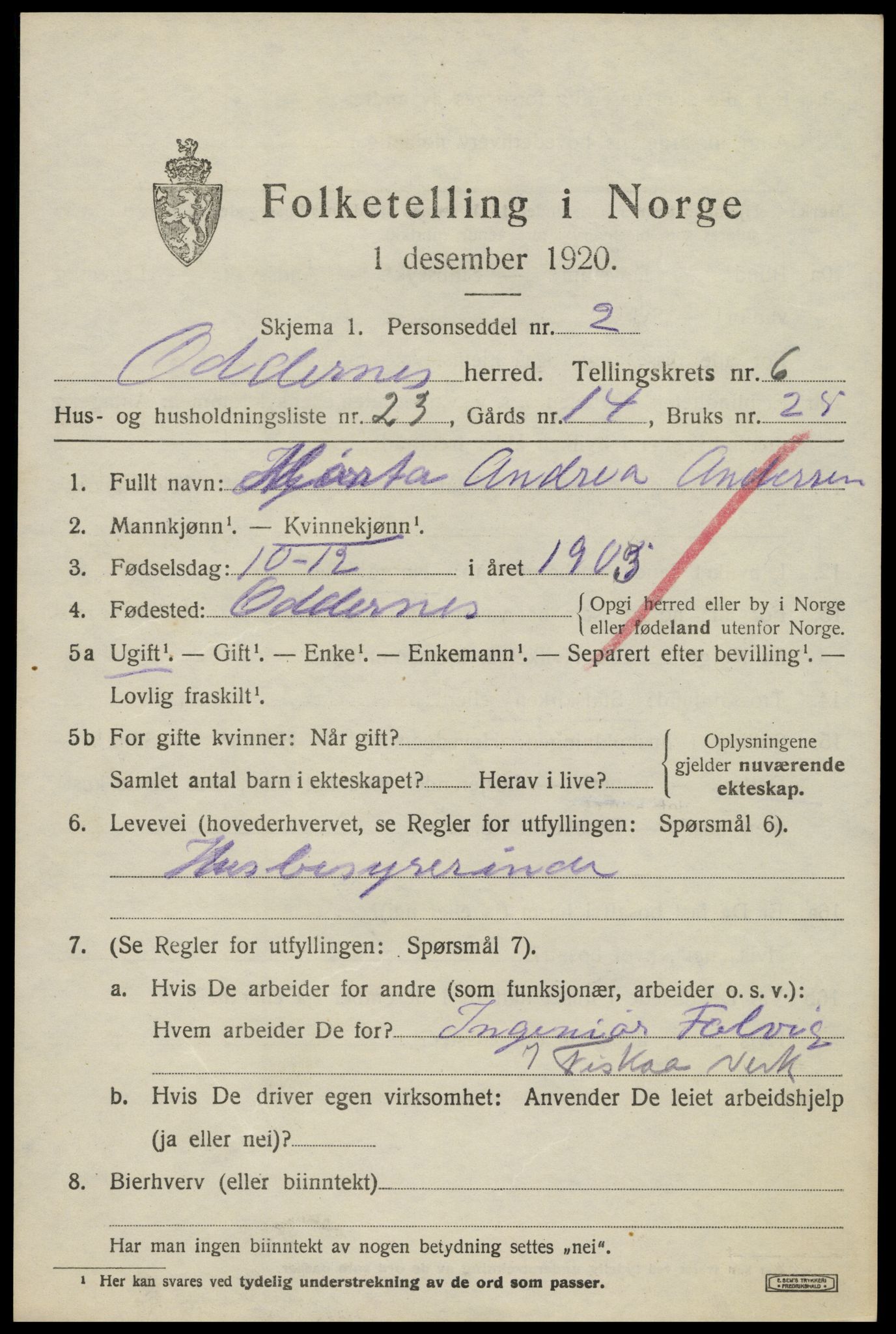 SAK, 1920 census for Oddernes, 1920, p. 5163