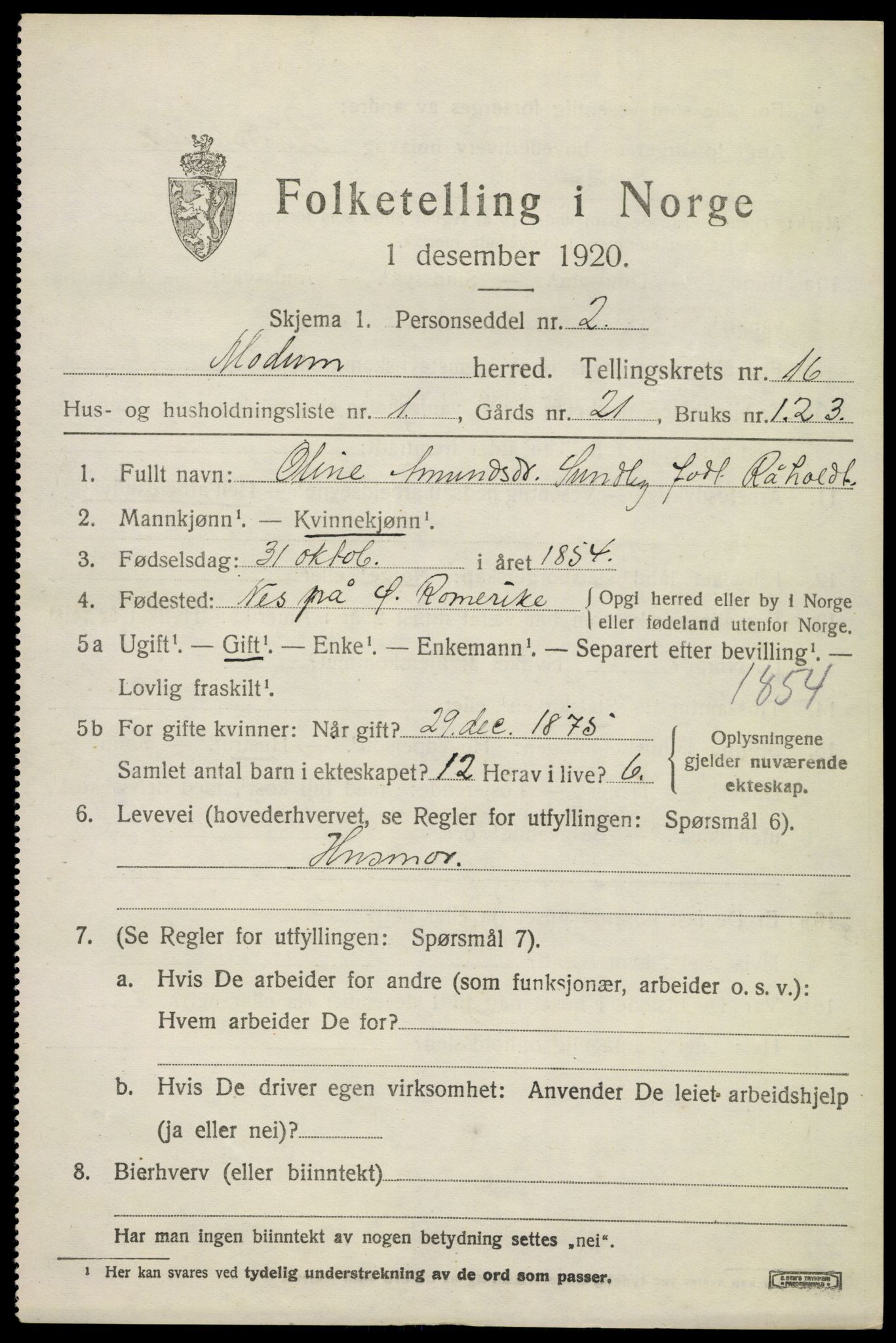 SAKO, 1920 census for Modum, 1920, p. 19419