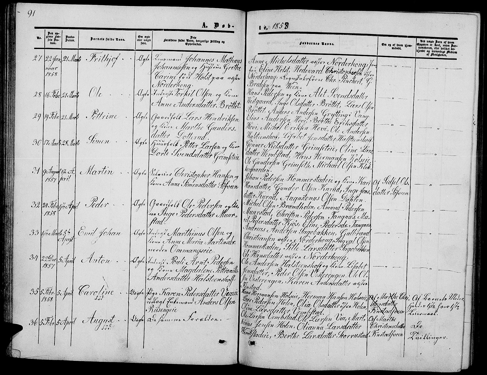 Løten prestekontor, SAH/PREST-022/L/La/L0003: Parish register (copy) no. 3, 1850-1862, p. 91