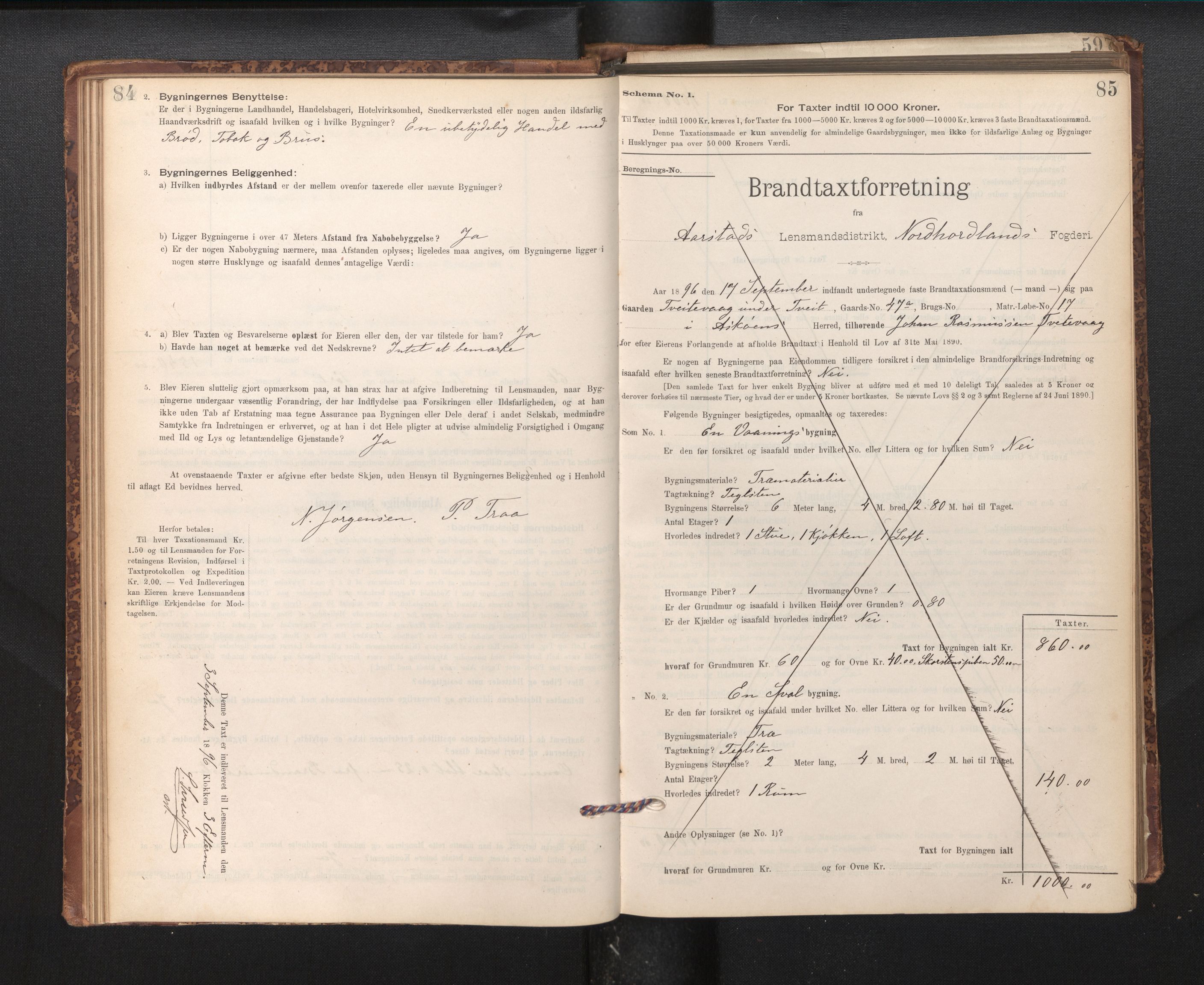 Lensmannen i Årstad, AV/SAB-A-36201/0012/L0011: Branntakstprotokoll,skjematakst, 1895-1901, p. 84-85