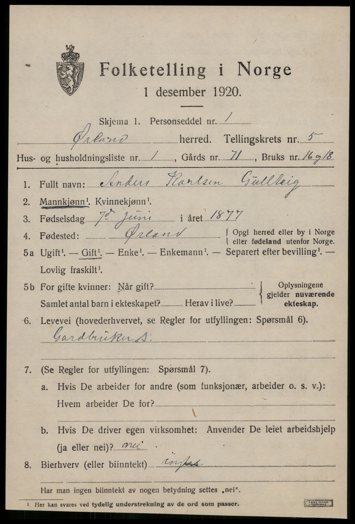 SAT, 1920 census for Ørland, 1920, p. 4483