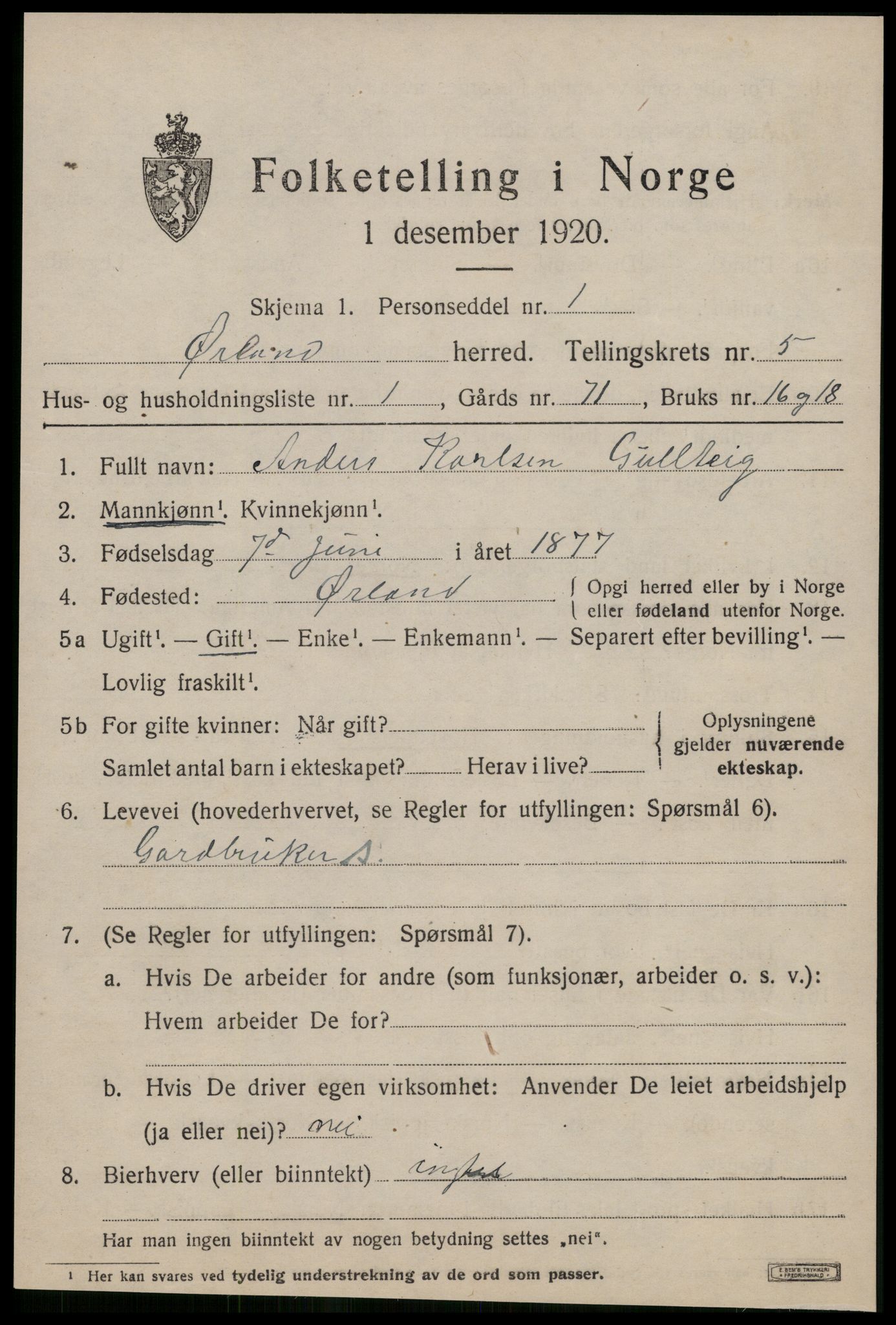 SAT, 1920 census for Ørland, 1920, p. 4483