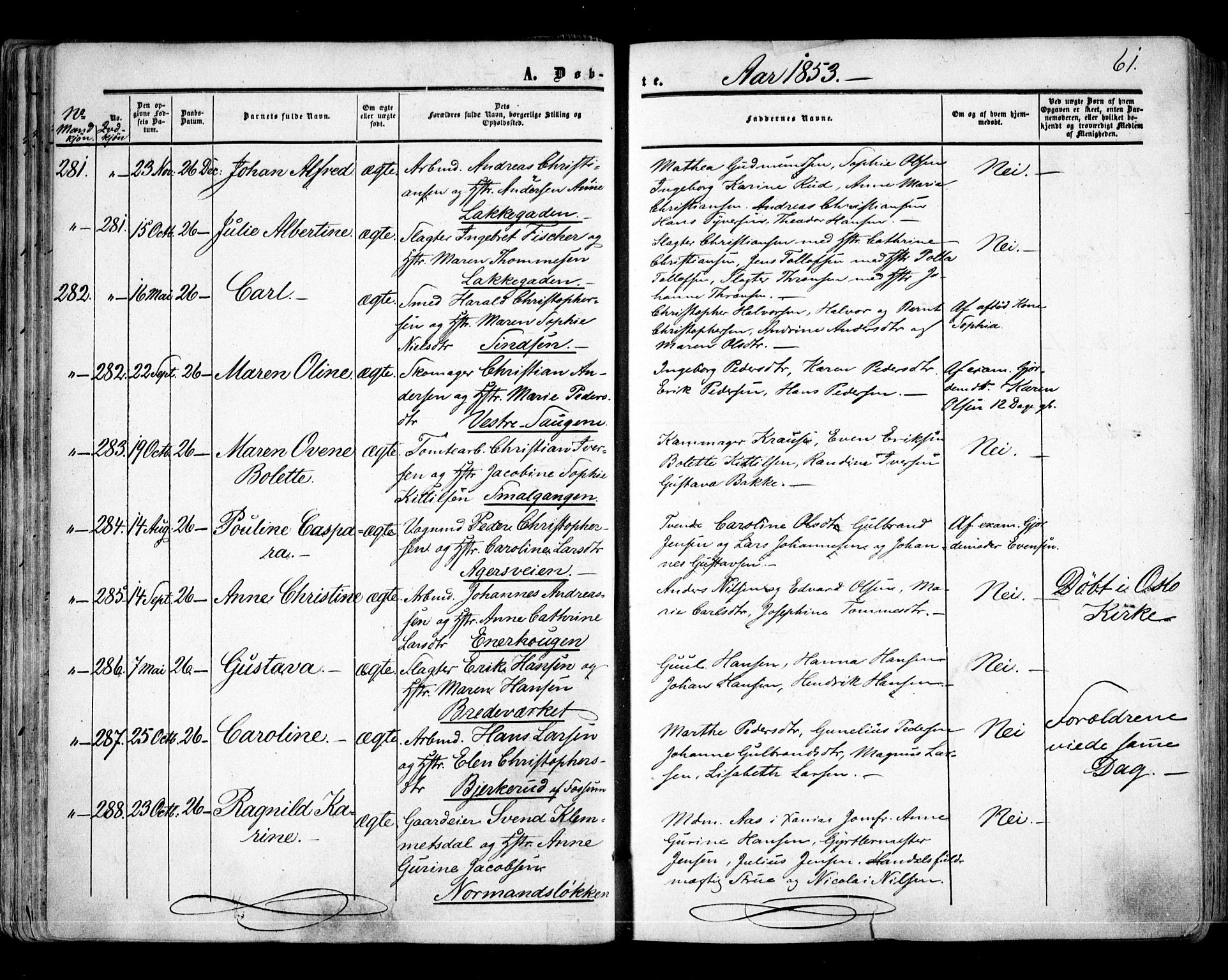 Aker prestekontor kirkebøker, AV/SAO-A-10861/F/L0020: Parish register (official) no. 20, 1853-1857, p. 61
