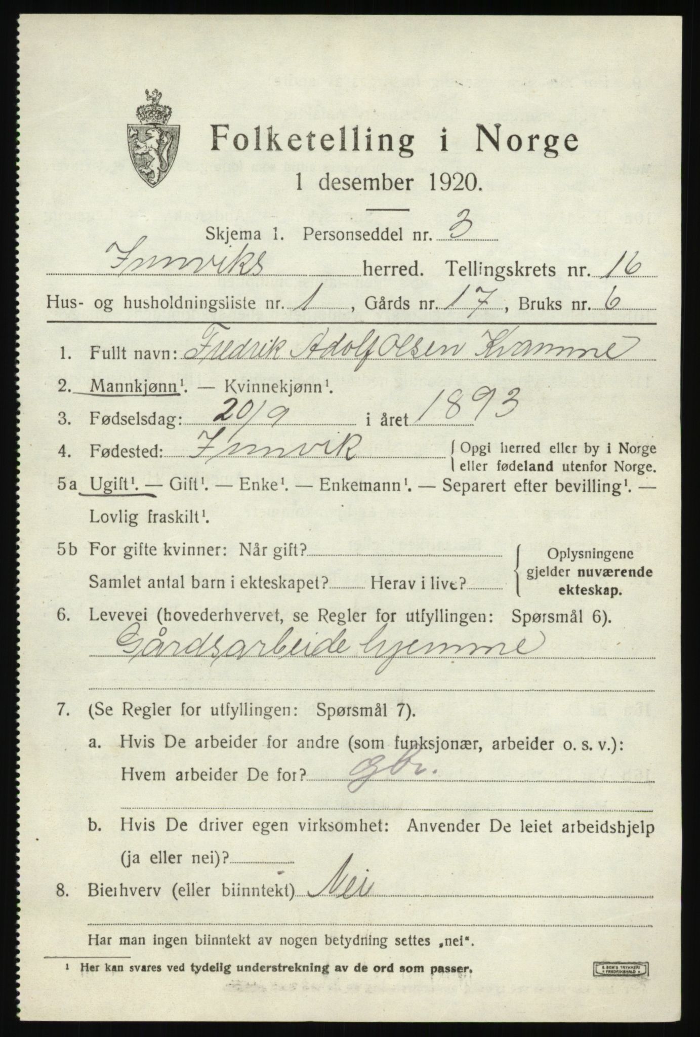 SAB, 1920 census for Innvik, 1920, p. 6413