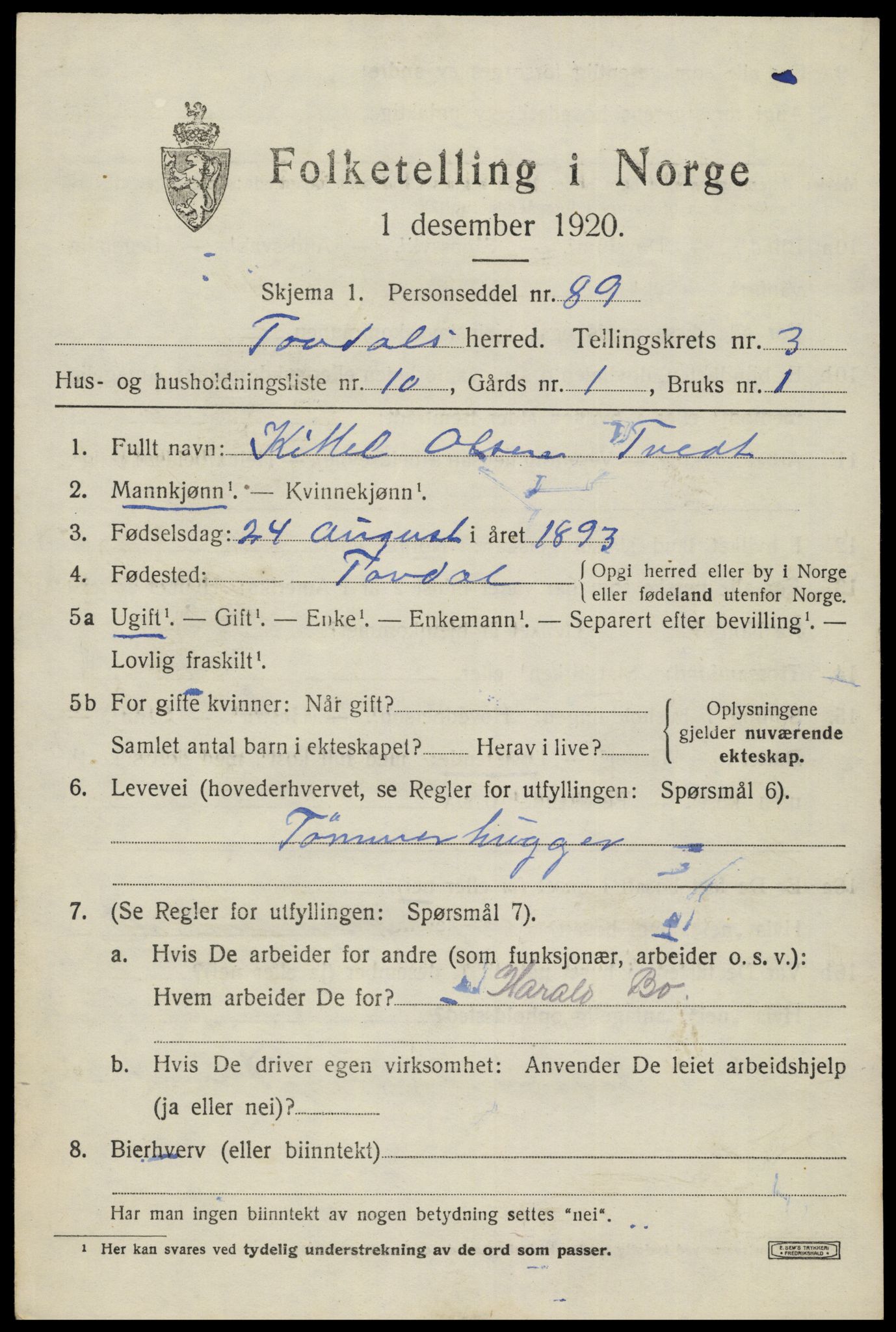 SAK, 1920 census for Tovdal, 1920, p. 321