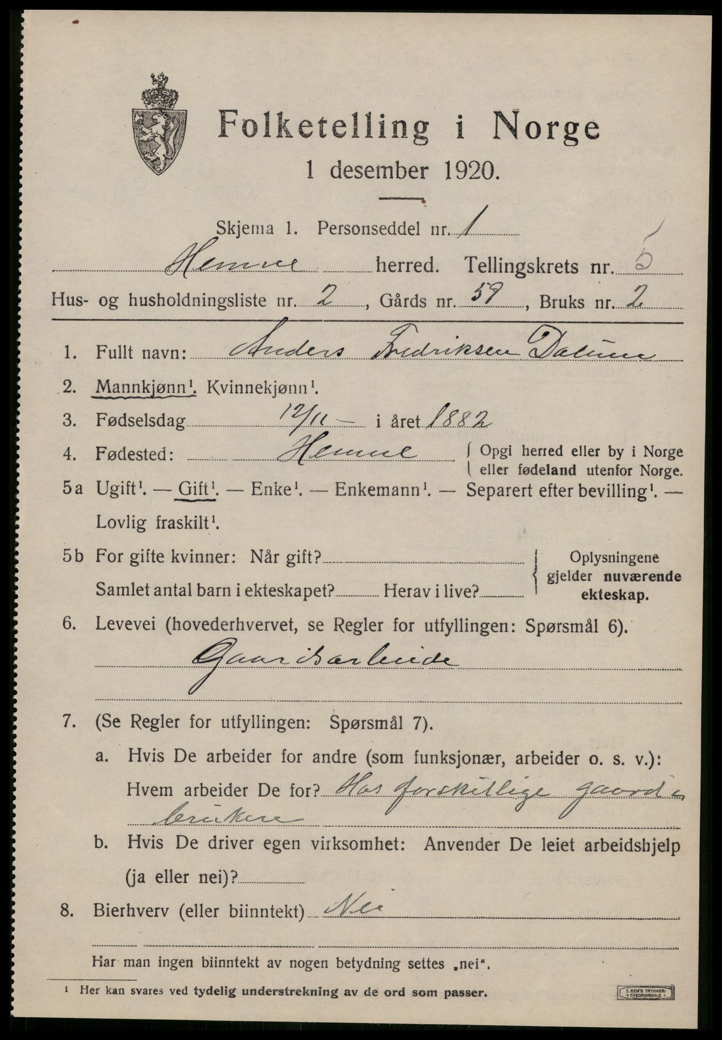 SAT, 1920 census for Hemne, 1920, p. 3110