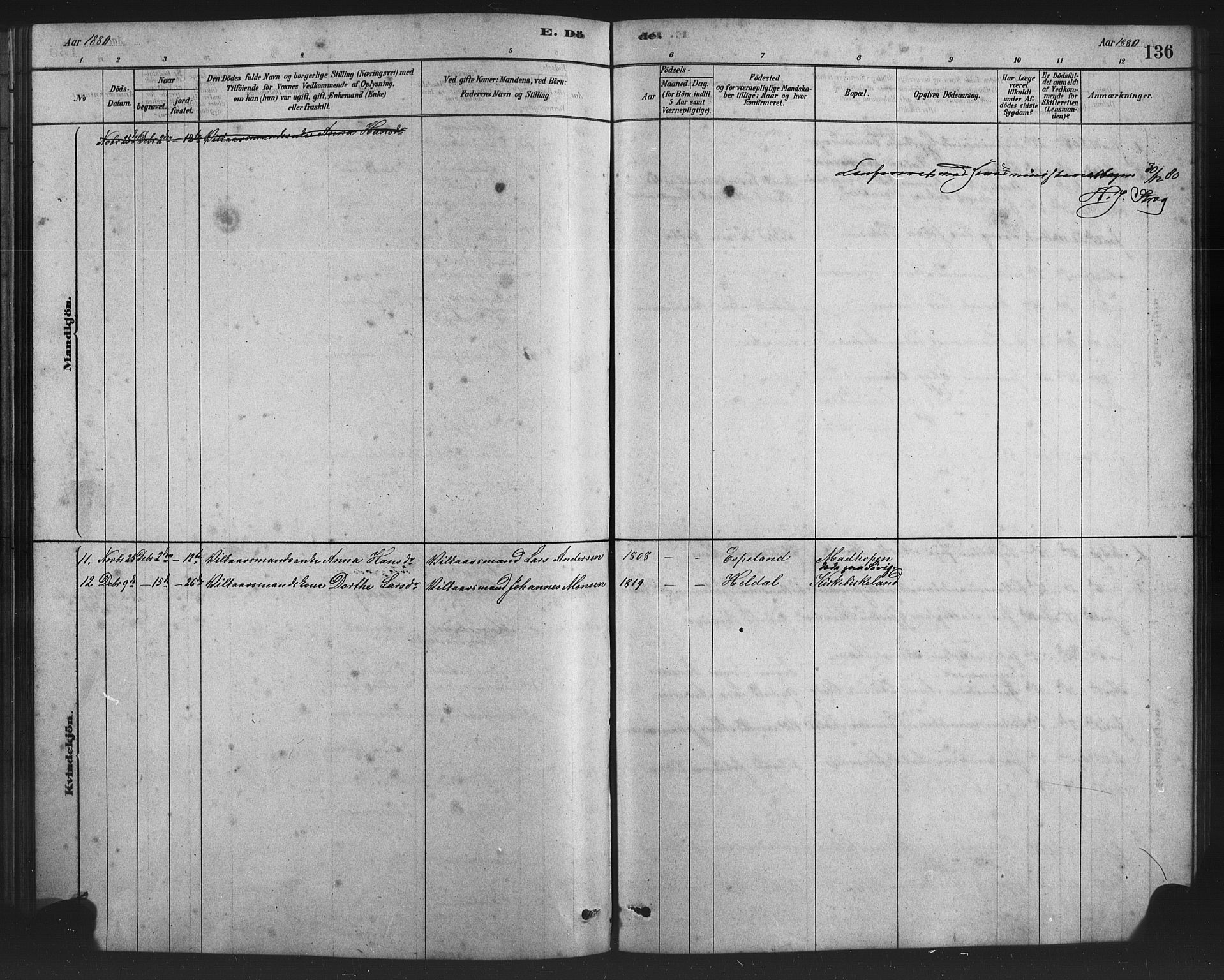 Birkeland Sokneprestembete, AV/SAB-A-74601/H/Hab: Parish register (copy) no. A 3, 1877-1887, p. 136