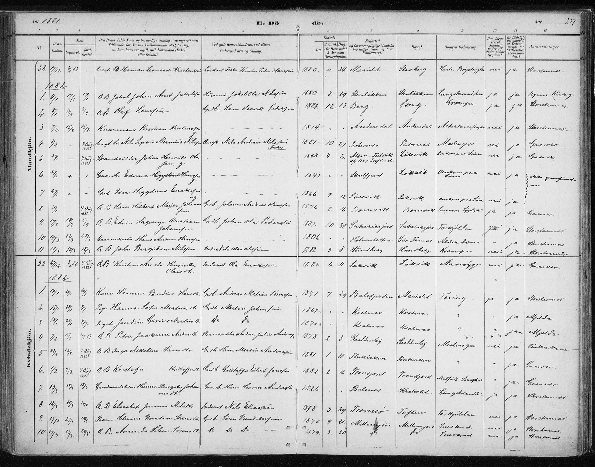 Tromsøysund sokneprestkontor, AV/SATØ-S-1304/G/Ga/L0004kirke: Parish register (official) no. 4, 1880-1888, p. 237