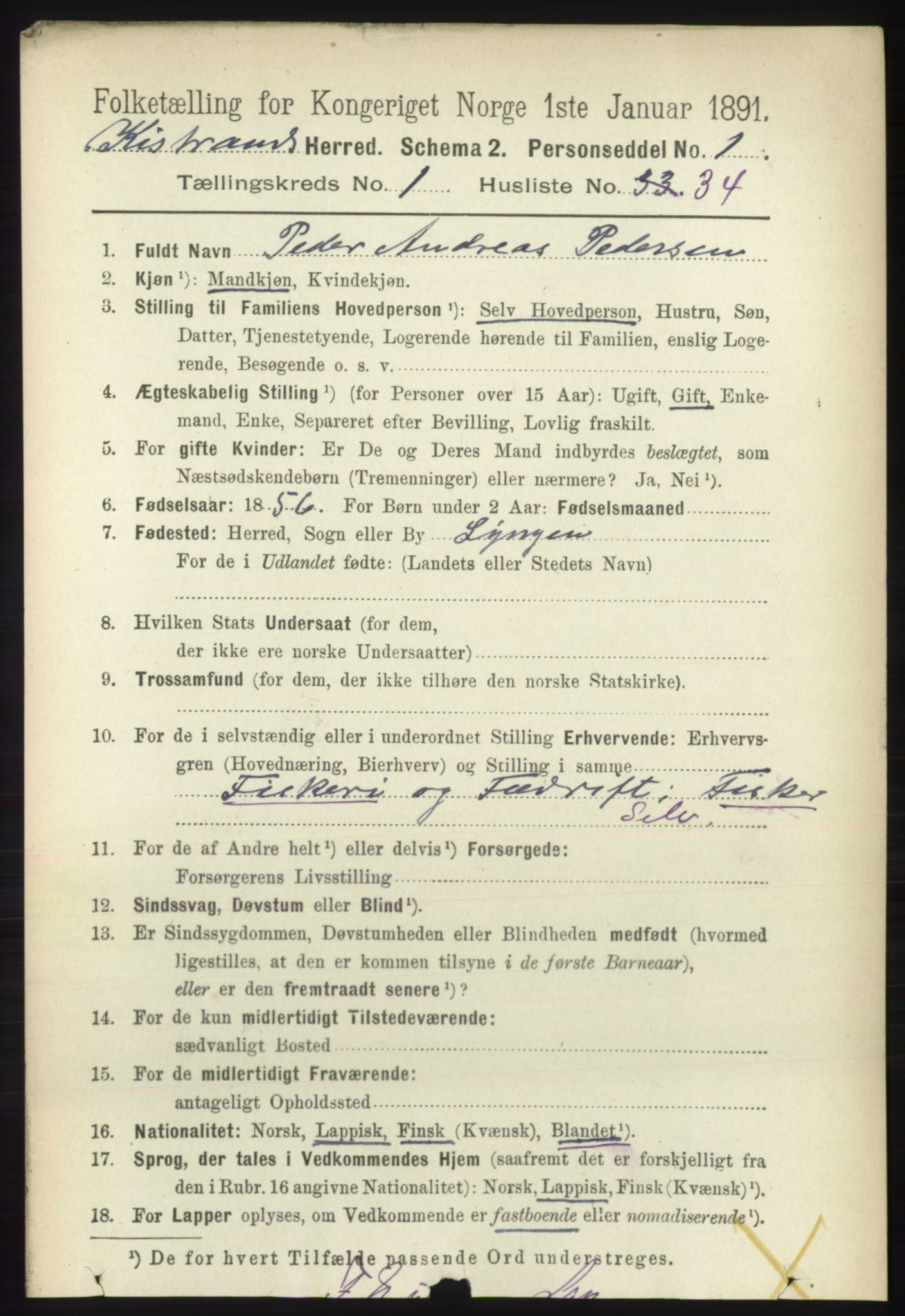 RA, 1891 census for 2020 Kistrand, 1891, p. 289