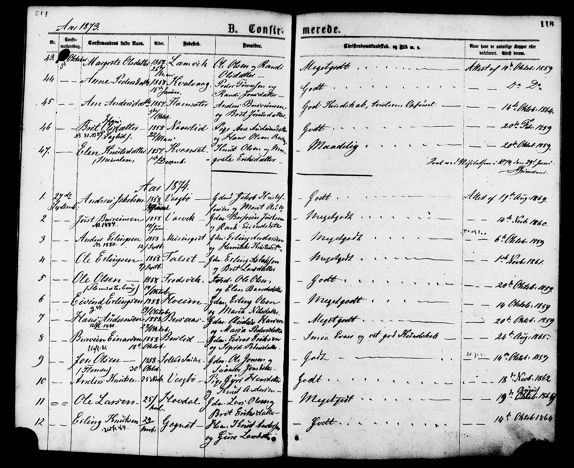 Ministerialprotokoller, klokkerbøker og fødselsregistre - Møre og Romsdal, SAT/A-1454/586/L0986: Parish register (official) no. 586A12, 1867-1878, p. 118