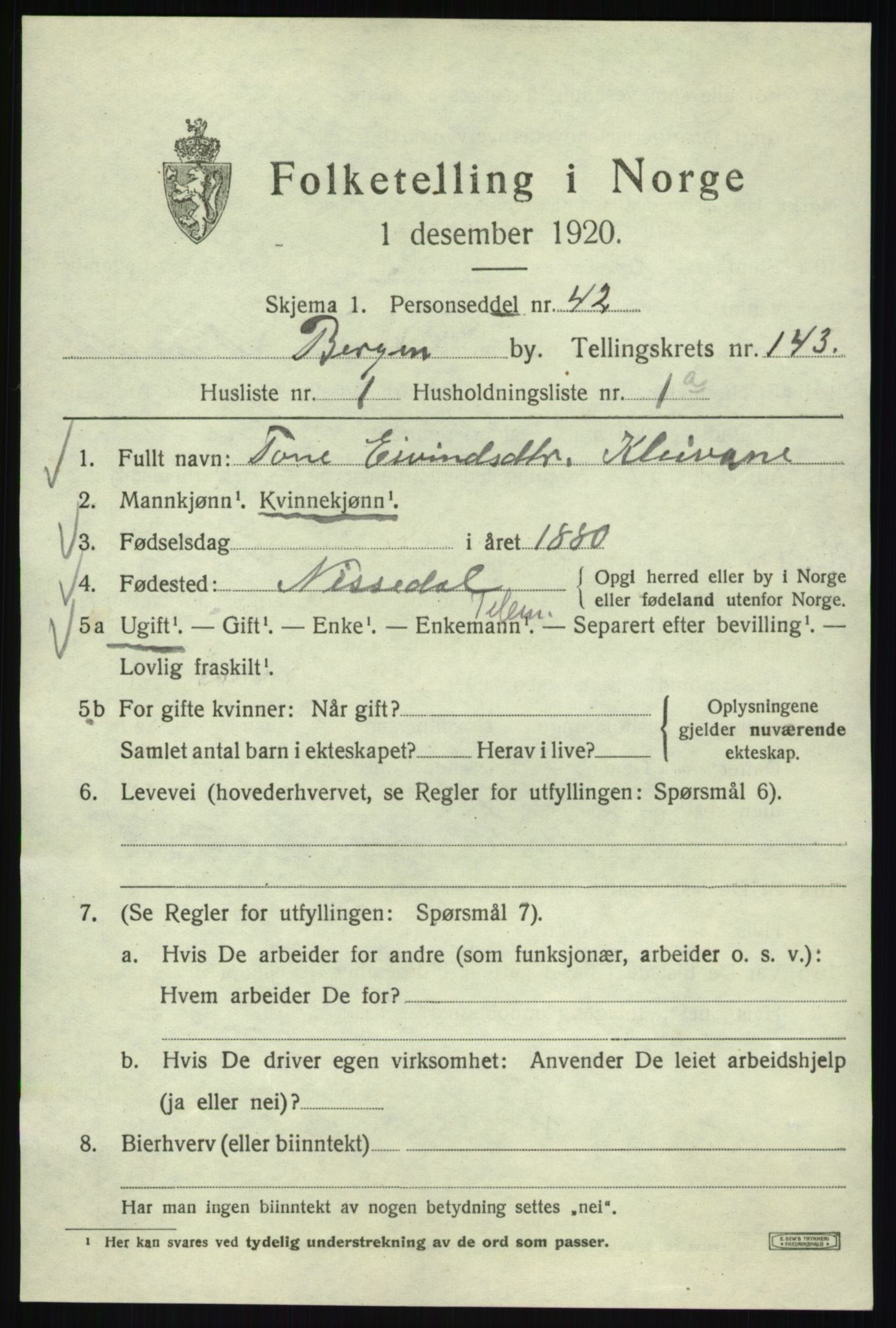 SAB, 1920 census for Bergen, 1920, p. 237938